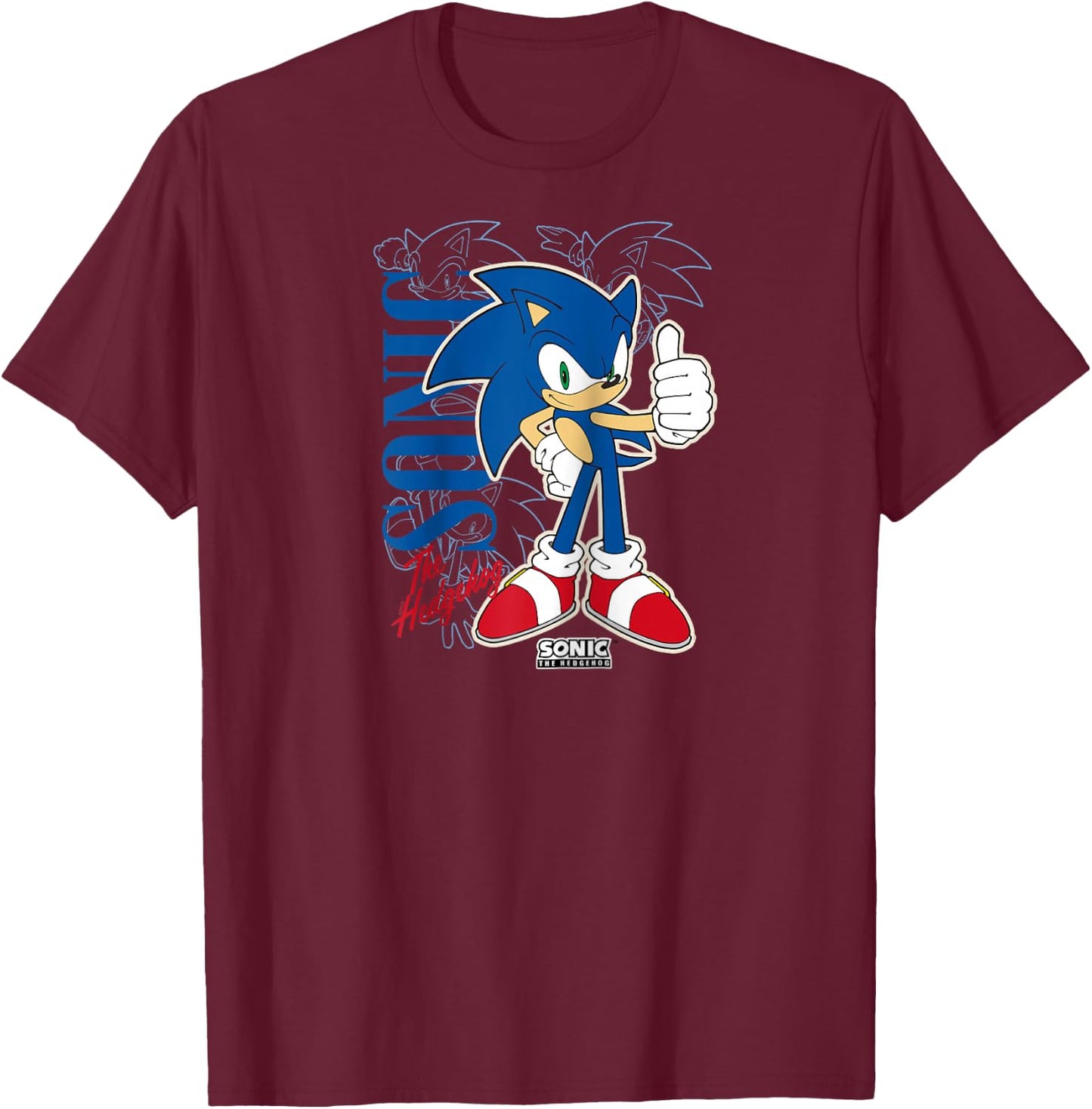 Sonic The Hedgehog Thumbs Up Retro Shot Raglan Baseball T-Shirt - T-Shirt | Maroon