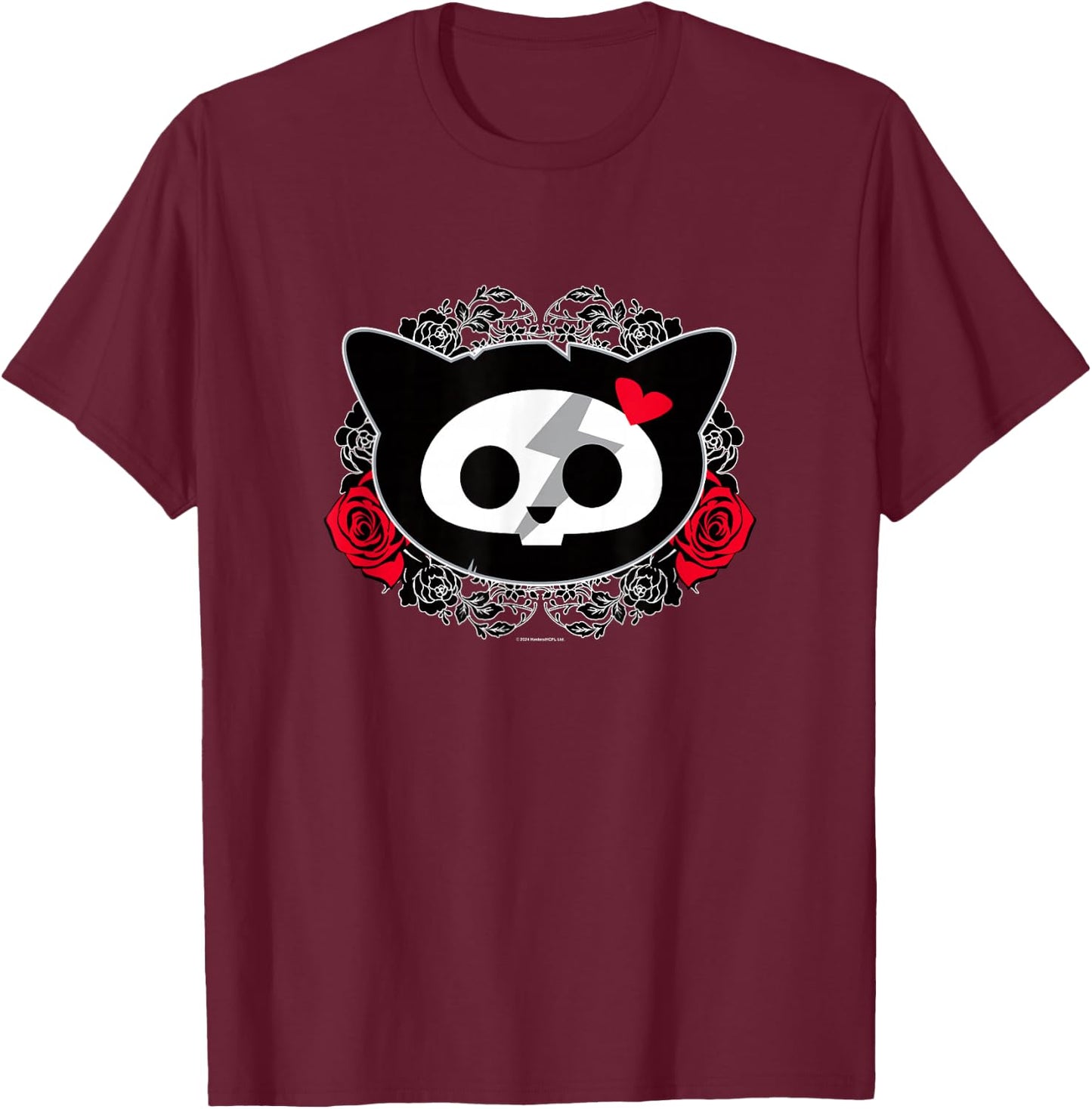 Skelanimals Kit Cat Floral Rose & Hearts Vintage Big Face T-Shirt - T-Shirt | Maroon