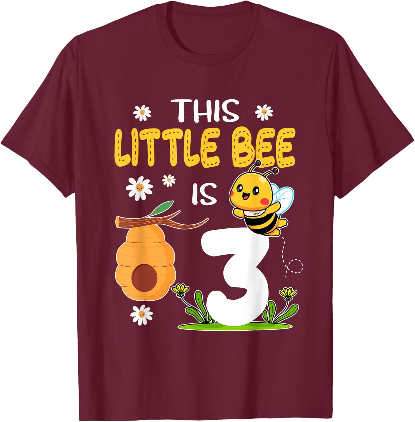 This Little Bee Is 3 Year Old Birthday 3rd Party Bee Kids T-Shirt - T-Shirt | Maroon