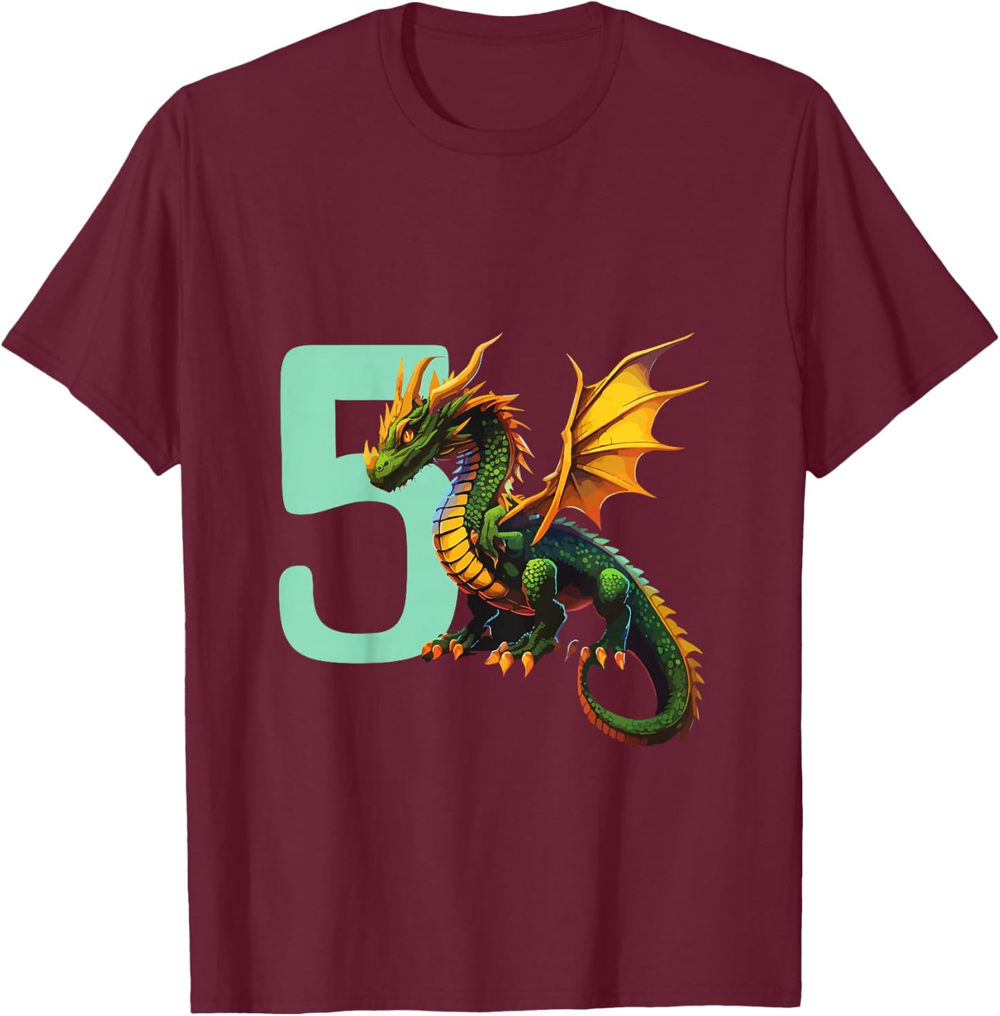 Children's Birthday Dragon 5 Years Boy Dragon Number Age , black T-Shirt - T-Shirt | Maroon