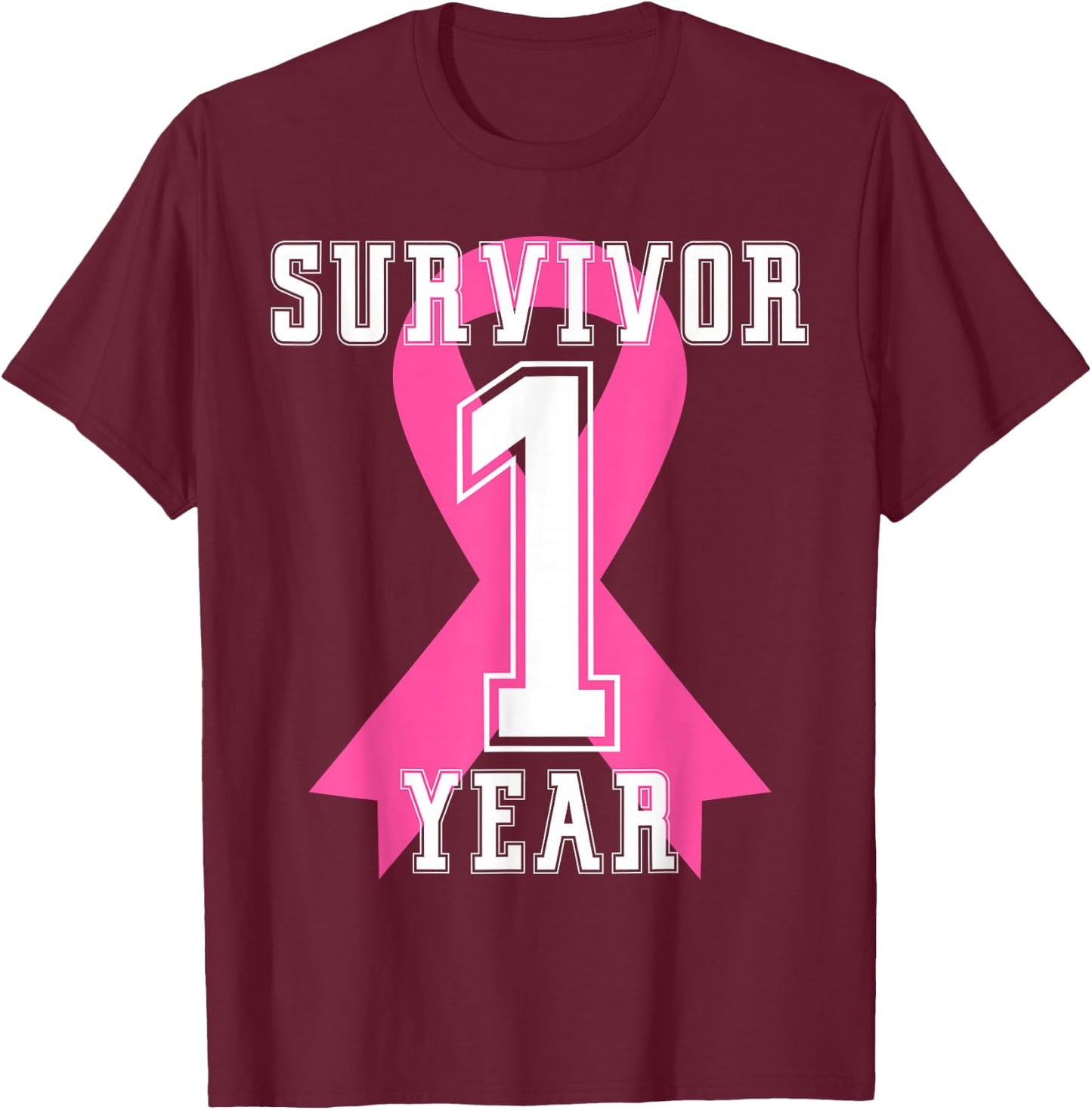 1 One Year Free Survivor Breast Cancer Awareness Pink Ribbon T-Shirt - T-Shirt | Maroon