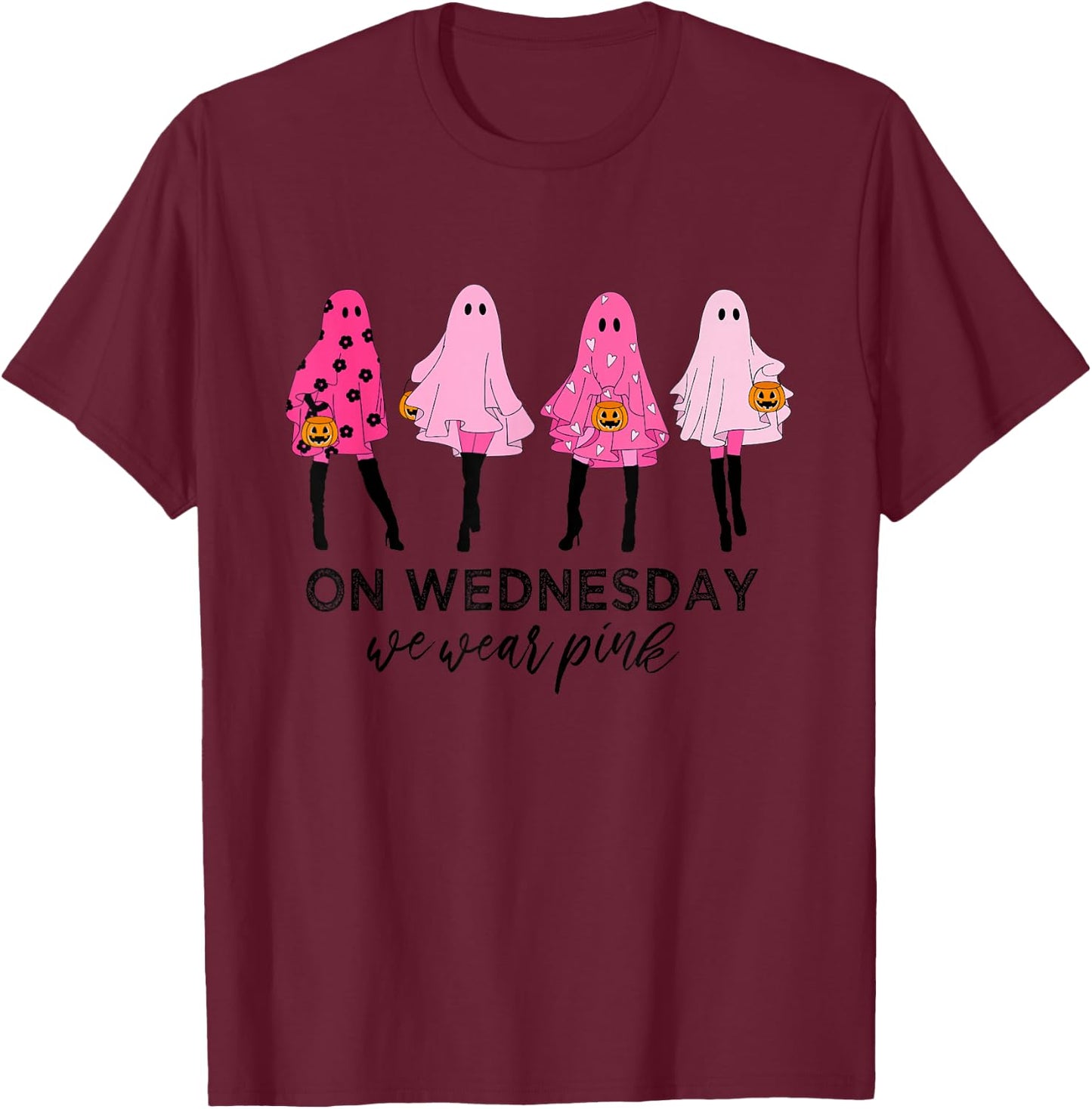 Funny Cute On Wednesday Ghost Halloween We Wear Pink T-Shirt - T-Shirt | Maroon