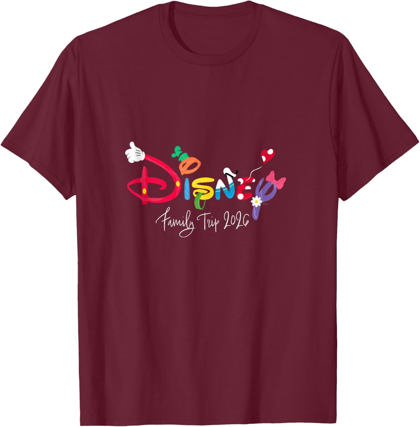 Disney Mickey & Friends Character Letters Family Trip 2026 T-Shirt - T-Shirt | Maroon