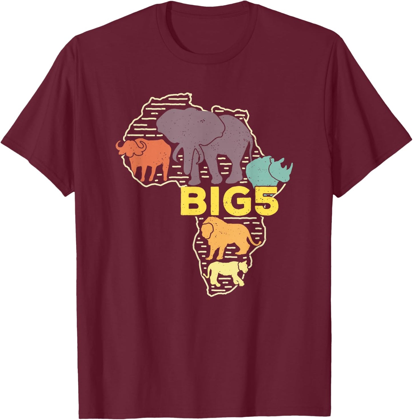 Big Five African Animals Elephant Rhino Buffalo Lion Leopard T-Shirt - T-Shirt | Maroon