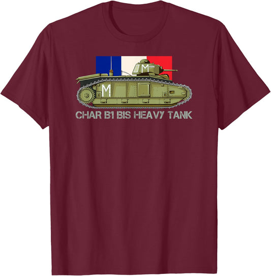 Flag Tank B1 to French Heavy Tank WW2 Tanks , Black, S T-Shirt - T-Shirt | Maroon