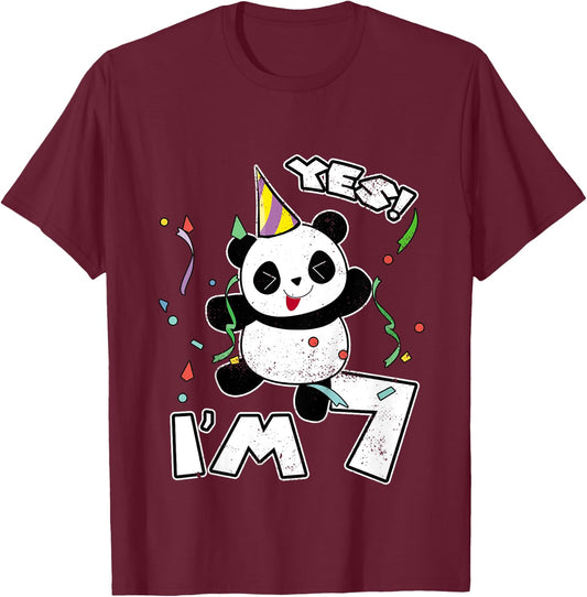 7th Birthday Panda Party Yes I'm 7 Years Old Gift T-Shirt - T-Shirt | Maroon