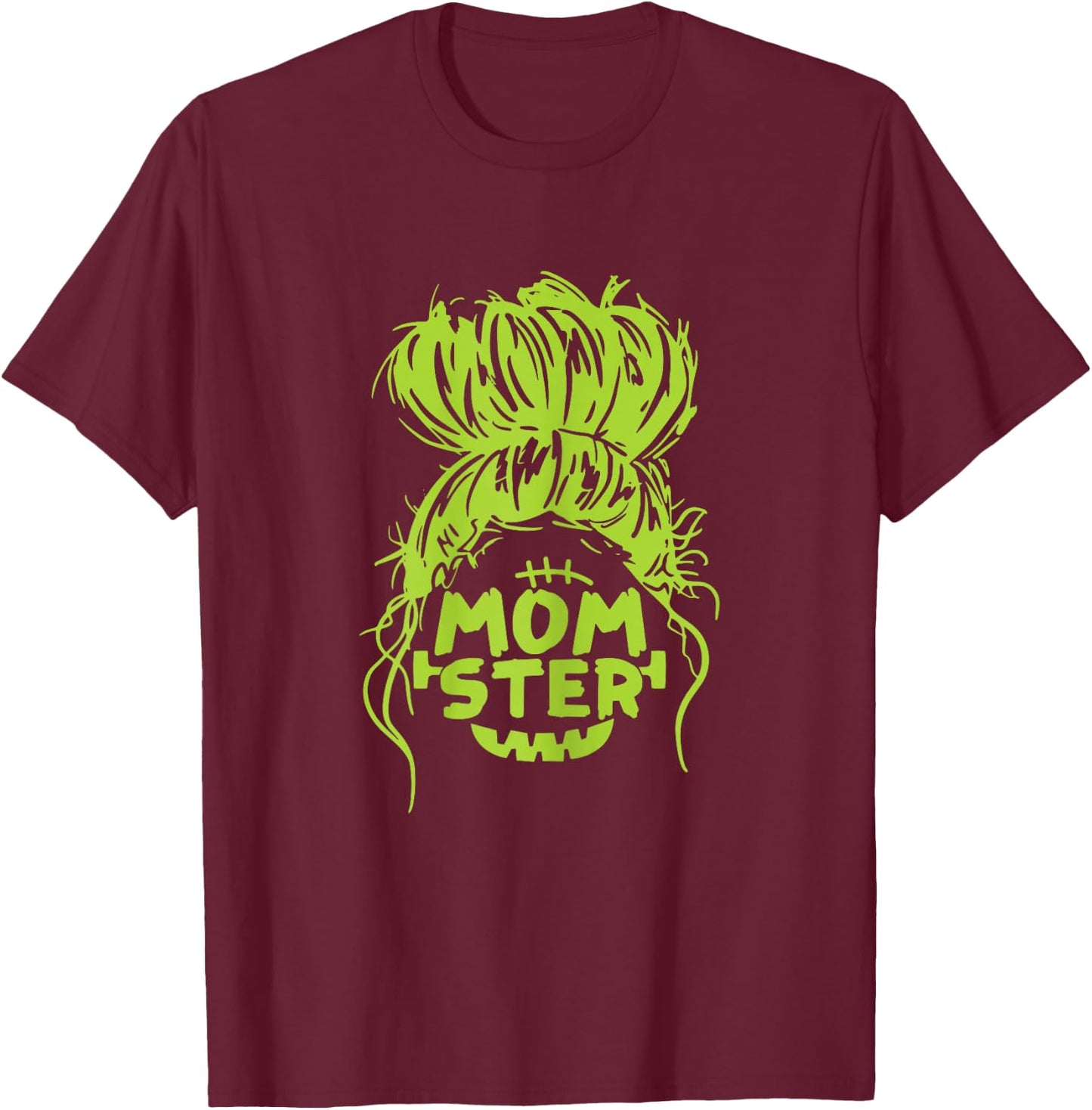 Momster Halloween Costume Funny Skull Mom Messy Hair Bun T-Shirt - T-Shirt | Maroon