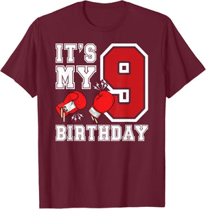 9th Birthday Boxing Boy 9 Year Old Boxer Bday Party T-Shirt - T-Shirt | Maroon