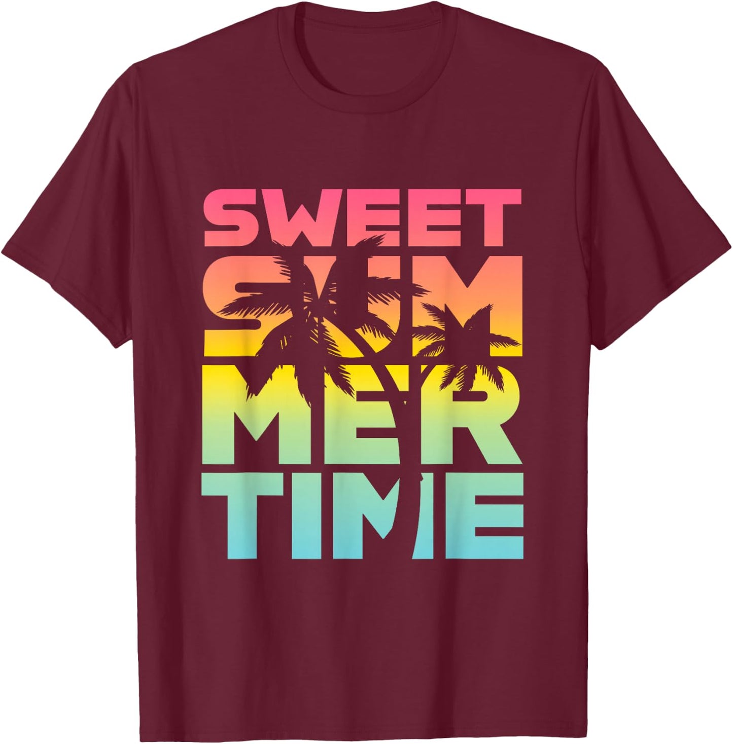 Summer Time Summer Retro Colourful Happy Holiday Palm Trees Beach , black T-Shirt - T-Shirt | Maroon