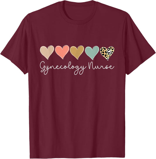 Gynecology Nurse Leopard Heart, valentine's Day Nursing T-Shirt - T-Shirt | Maroon