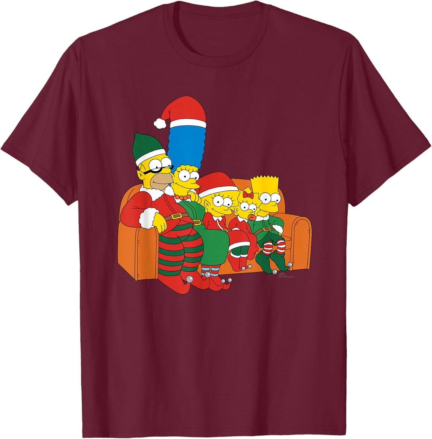 The Simpsons Holiday Family Christmas Elf Costumes Couch Gag , Black, S T-Shirt - T-Shirt | Maroon