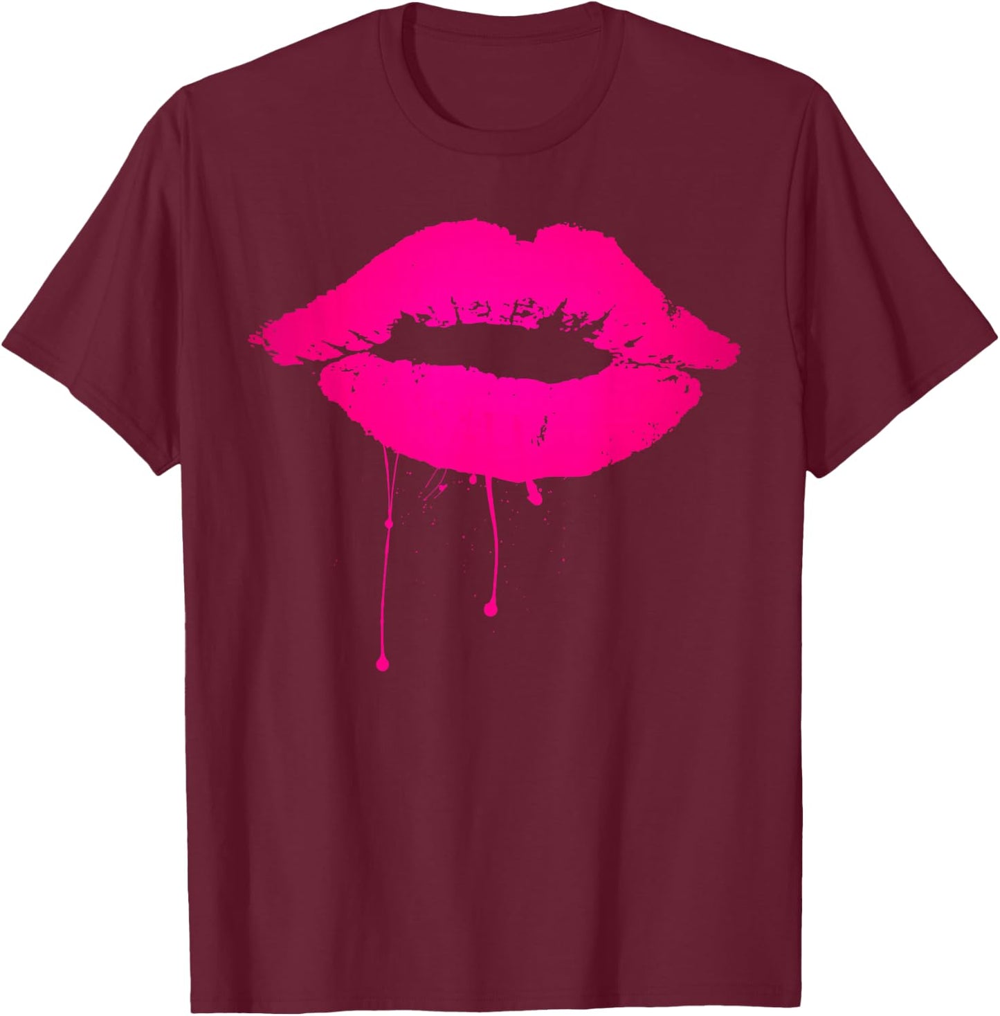 Sexy Pink Hot Lips T Shirt: Neon 80s Lipstick Kiss Party T-Shirt - T-Shirt | Maroon