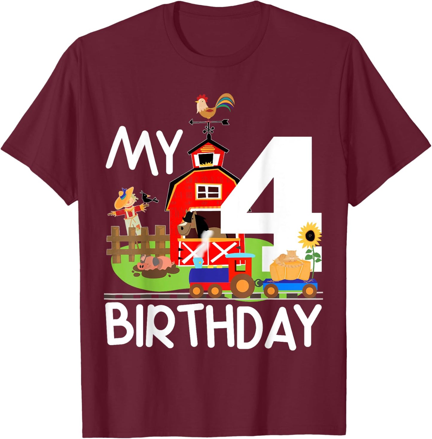 4th Birthday Farm Birthday Train Party Cow Pig Horse Chicken T-Shirt - T-Shirt | Maroon