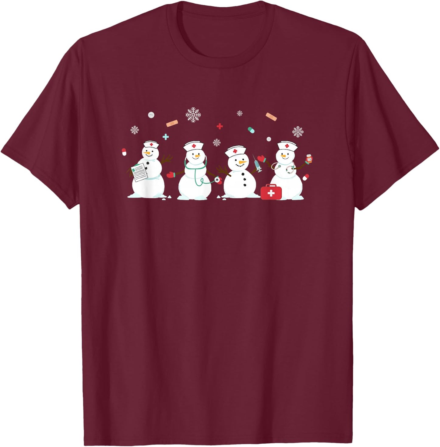 Funny Snowman Nurse Christmas Healthcare Holiday NICU Nurse T-Shirt - T-Shirt | Maroon