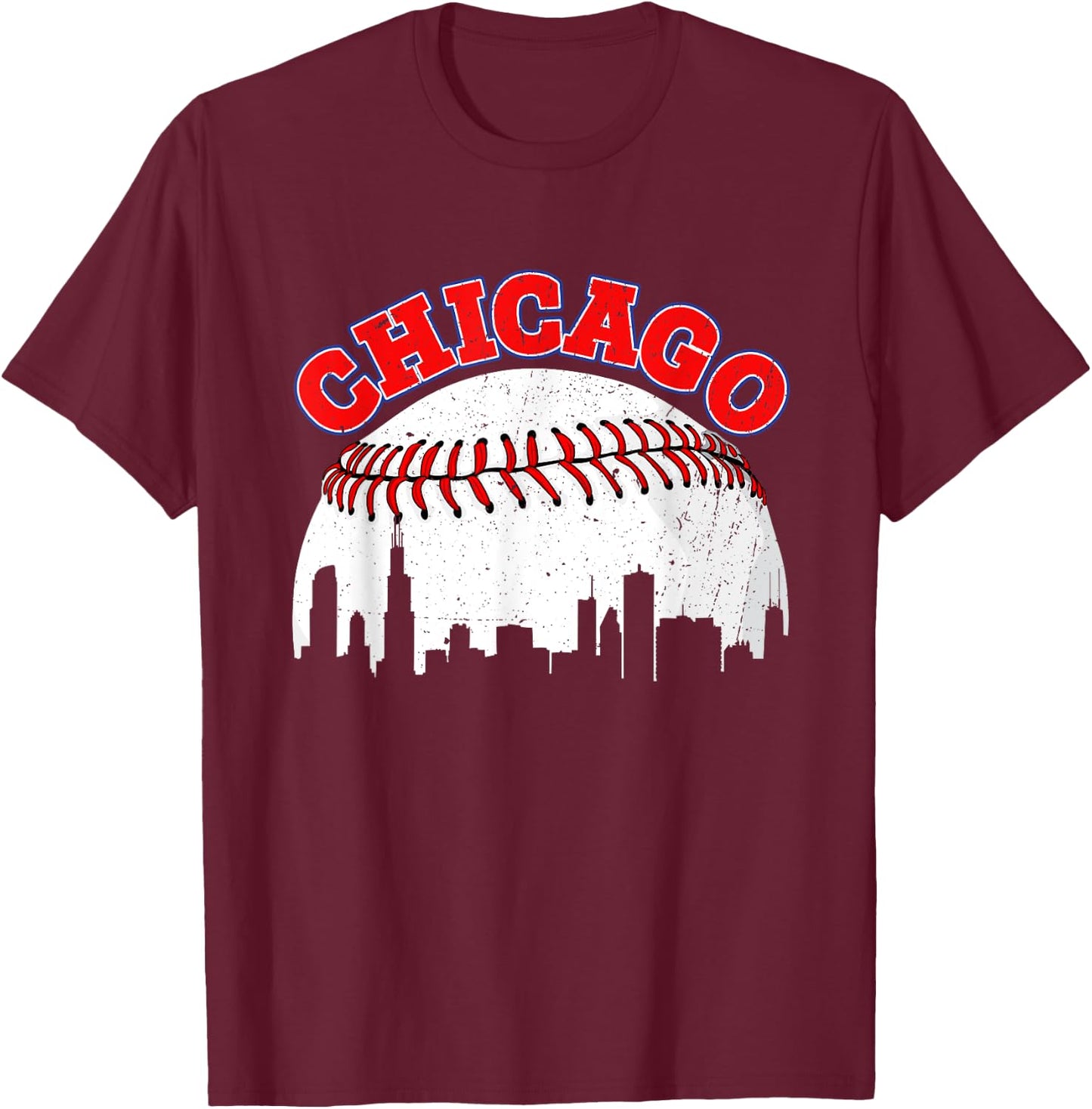 Distressed Baseball Chicago Cityscape Women T-Shirt - T-Shirt | Maroon