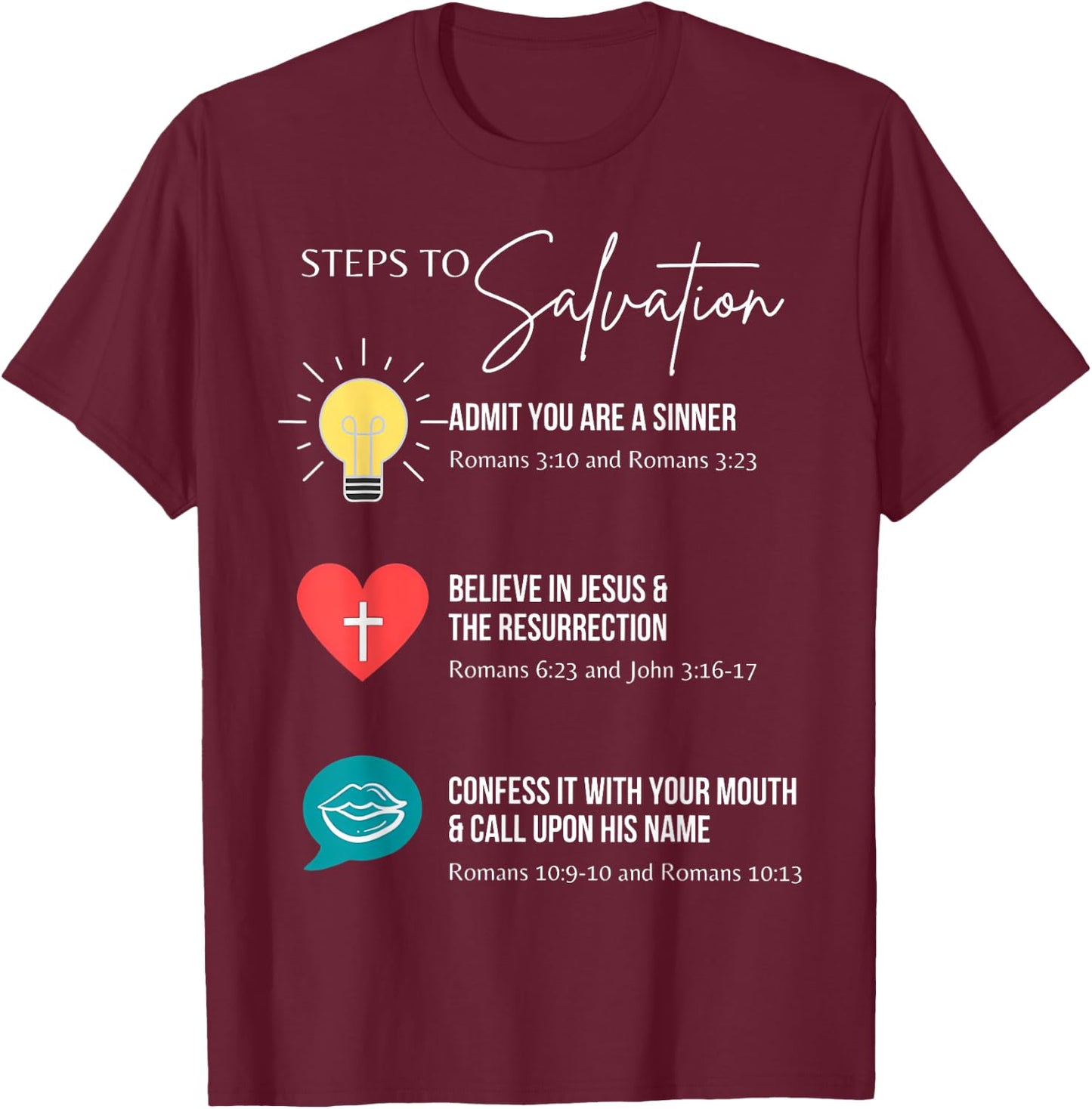Steps To Salvation Romans 10;9 Thru 13 John 3 16 Christian T-Shirt - T-Shirt | Maroon