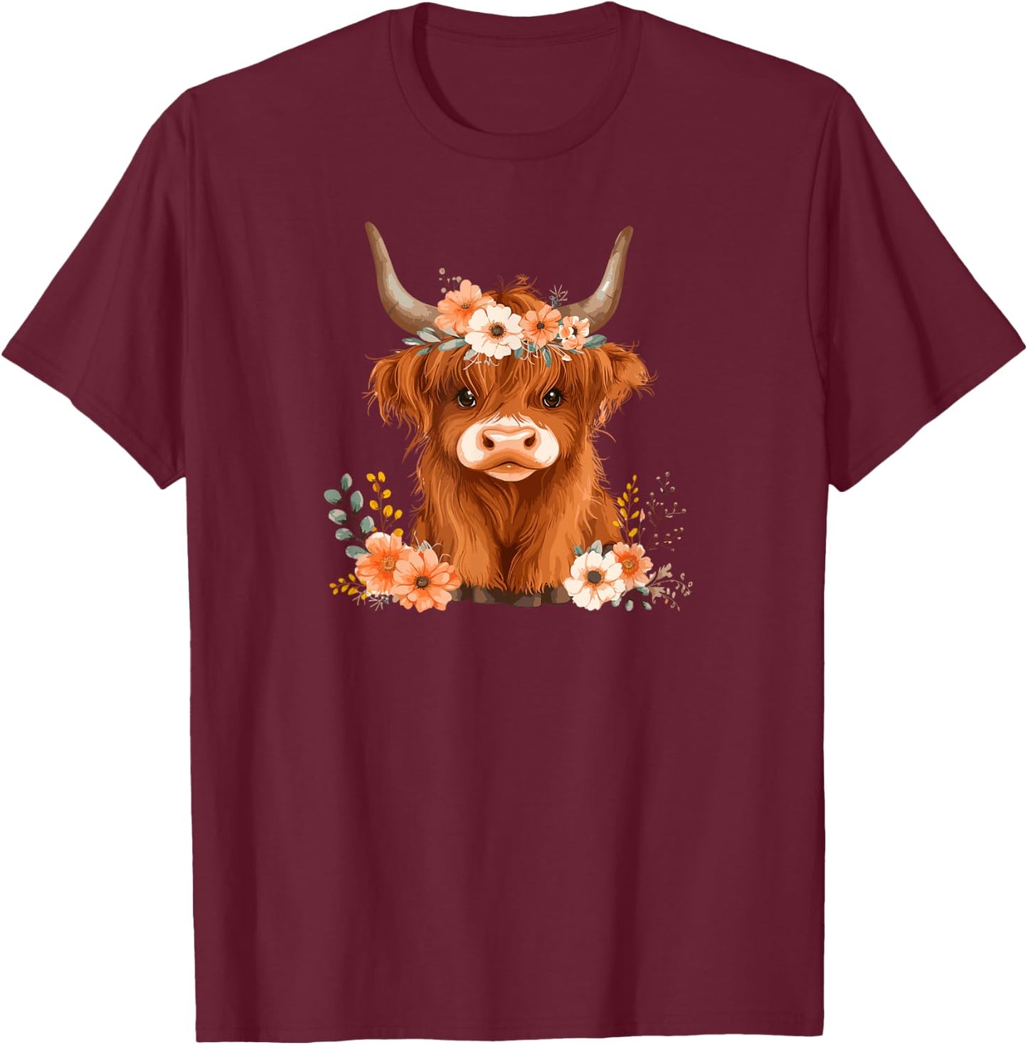 Highland Cow Cattle Flower Floral Crown Watercolor T-Shirt - T-Shirt | Maroon