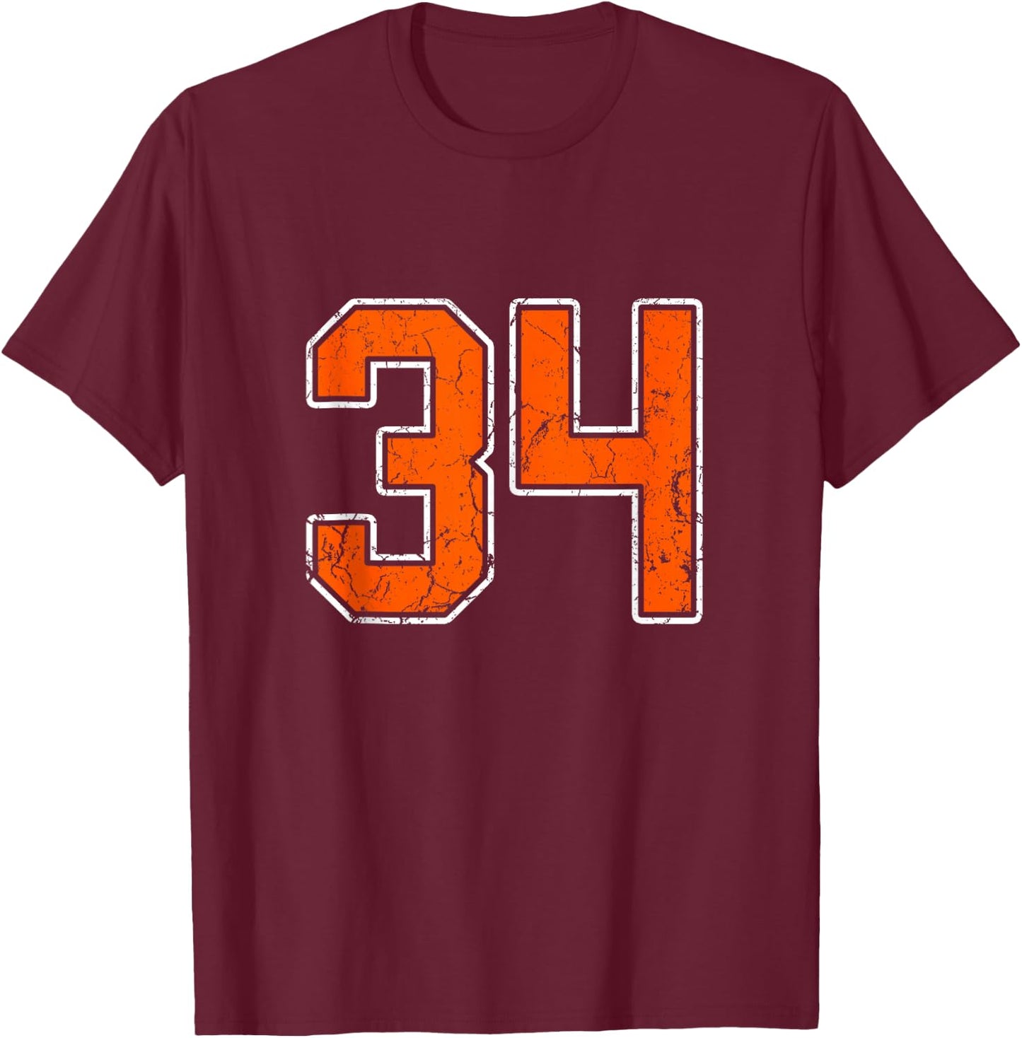 Distressed Orange White Number 34 Jersey Player Uniform #34 T-Shirt - T-Shirt | Maroon