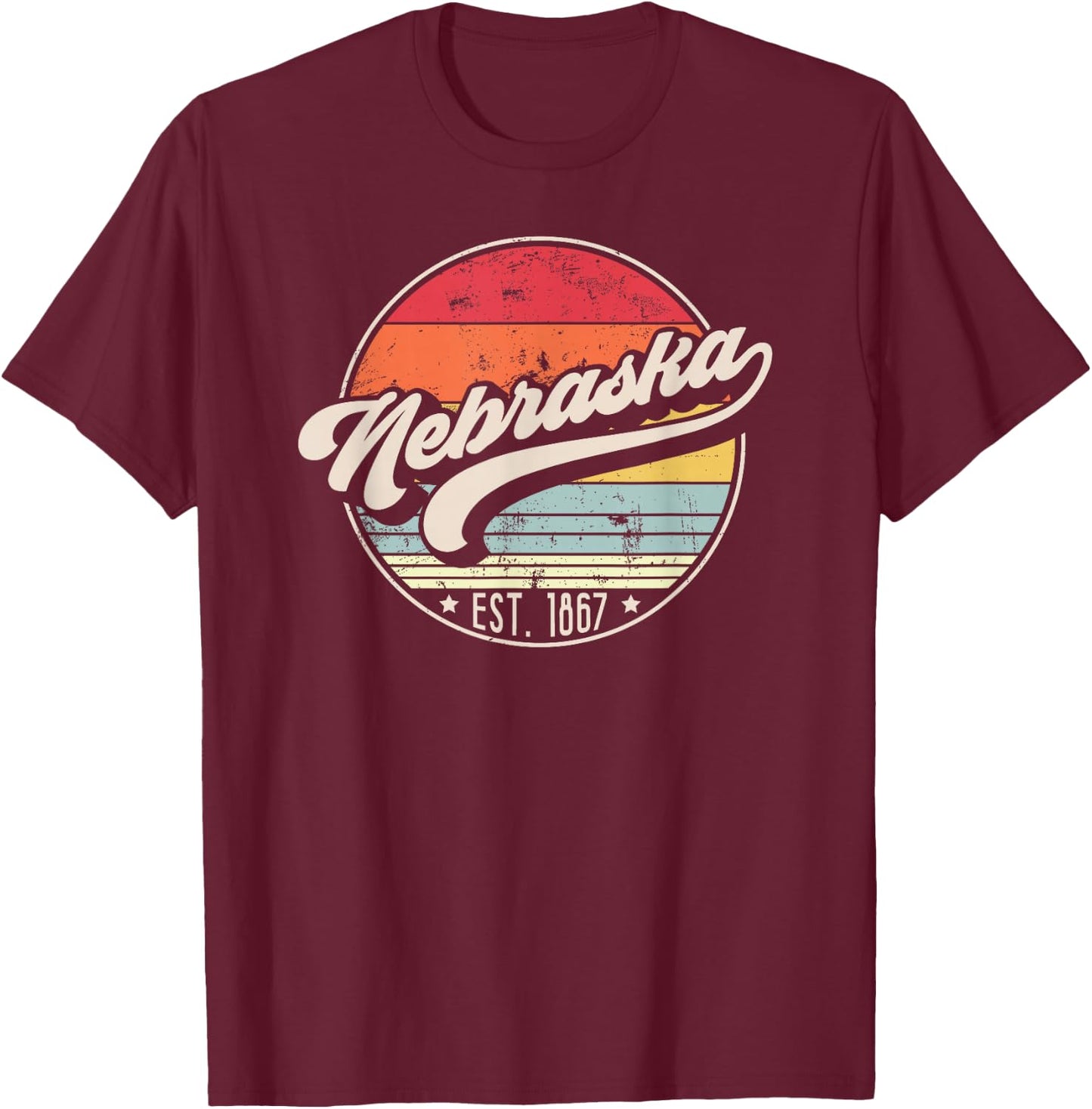 Retro Nebraska Home State NE Cool 70s Style Sunset T-Shirt - T-Shirt | Maroon