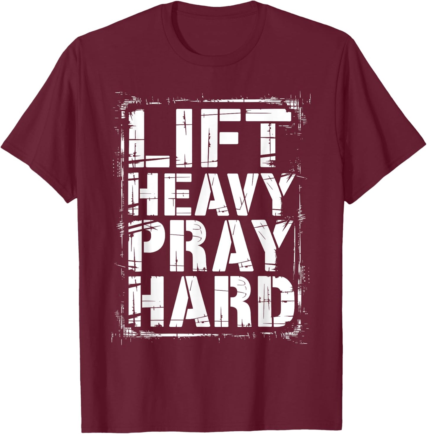 Graphic 365 Lift Heavy Pray Hard Christian -Adults Kids Black Small Short Sleeve Cotton Blend Casual Graphic T-Shirt - T-Shirt | Maroon