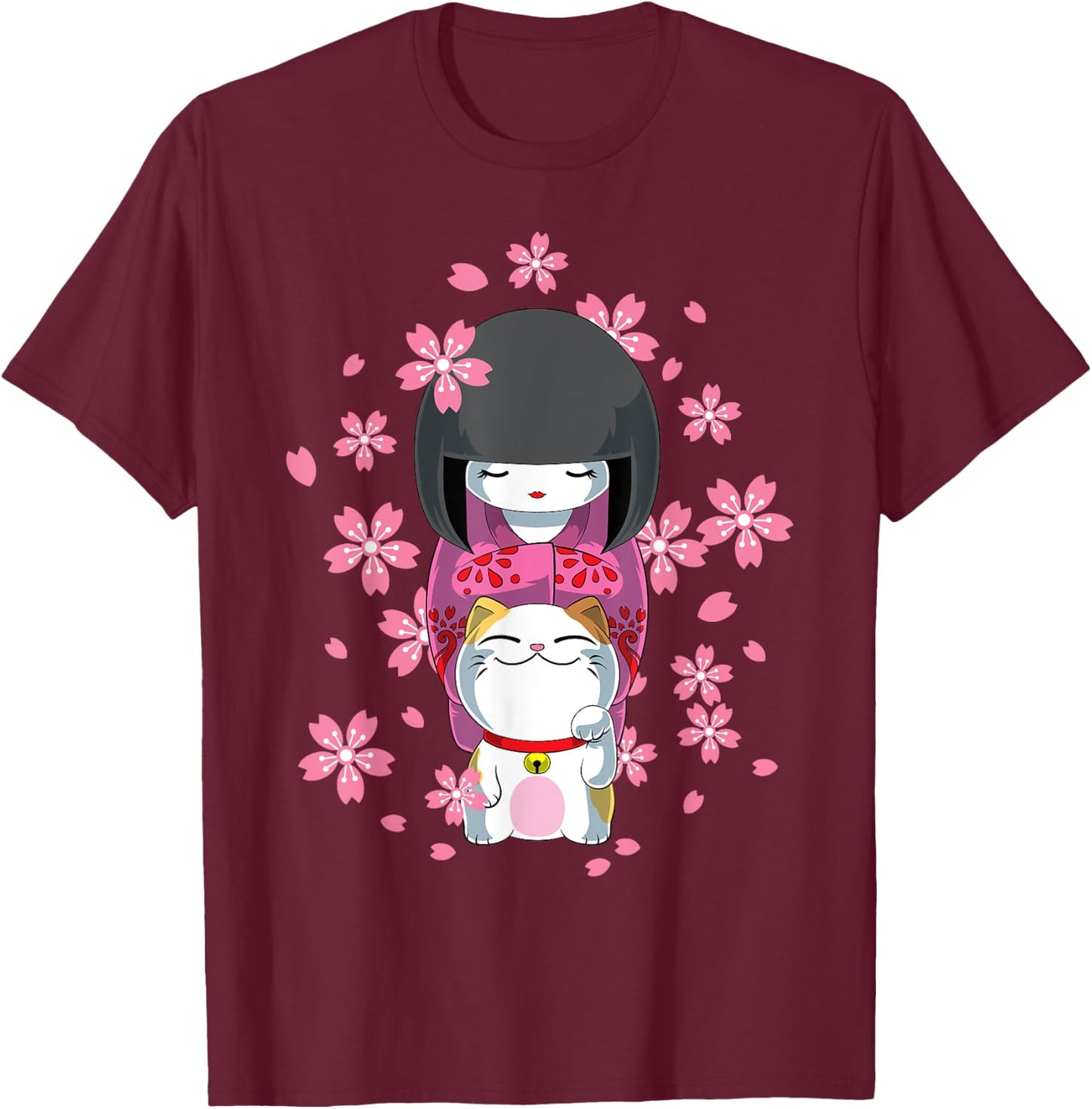 Japanese Kawaii Kokeshi and Cat Lucky Charm , Black T-Shirt - T-Shirt | Maroon