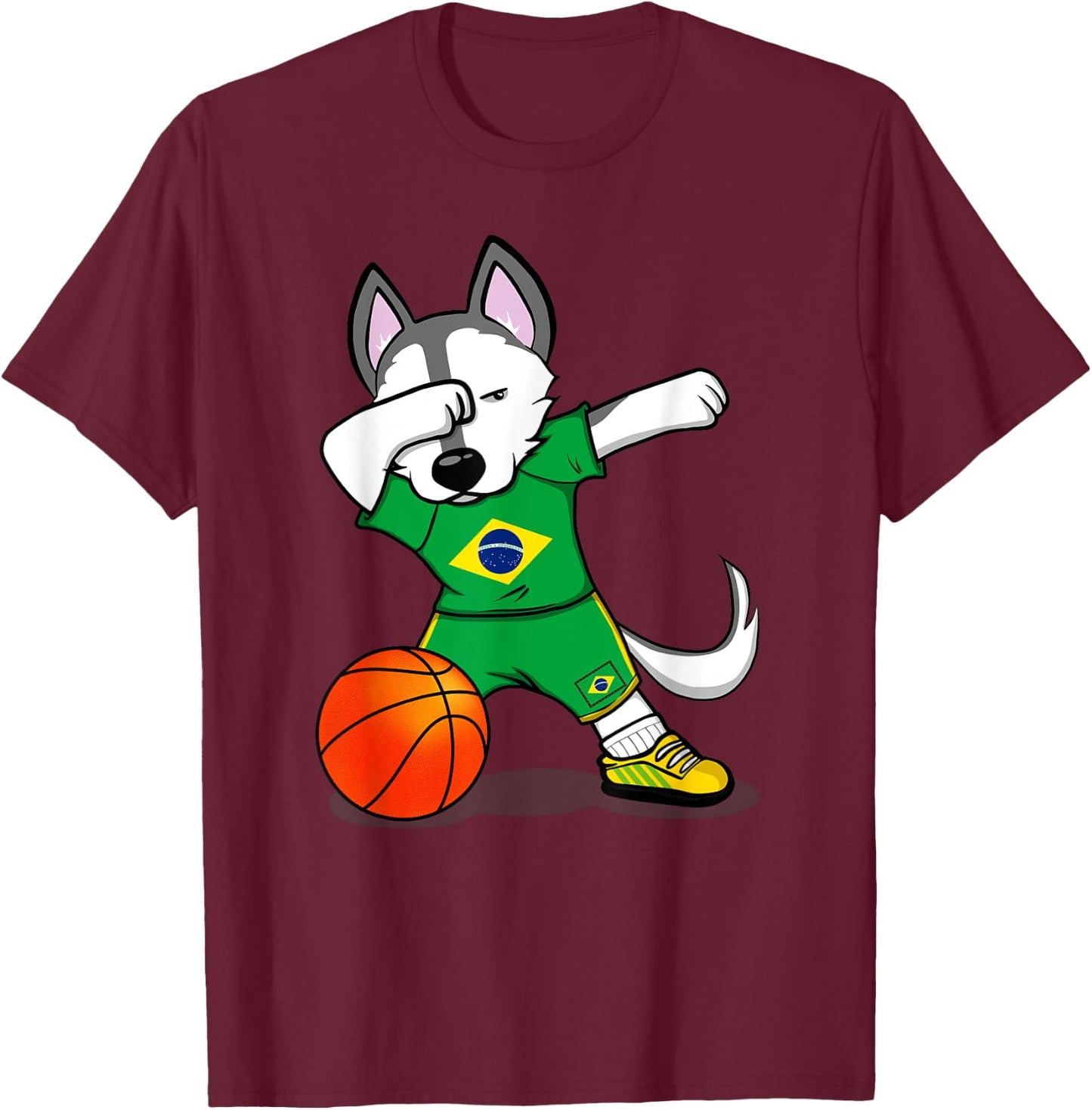 Dabbing Husky Brazil Basketball Fans Jersey Brazilian Flag T-Shirt - T-Shirt | Maroon
