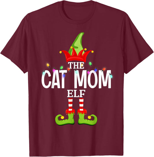 The Cat Mom Elf Christmas Matching Pajamas T-Shirt - T-Shirt | Maroon
