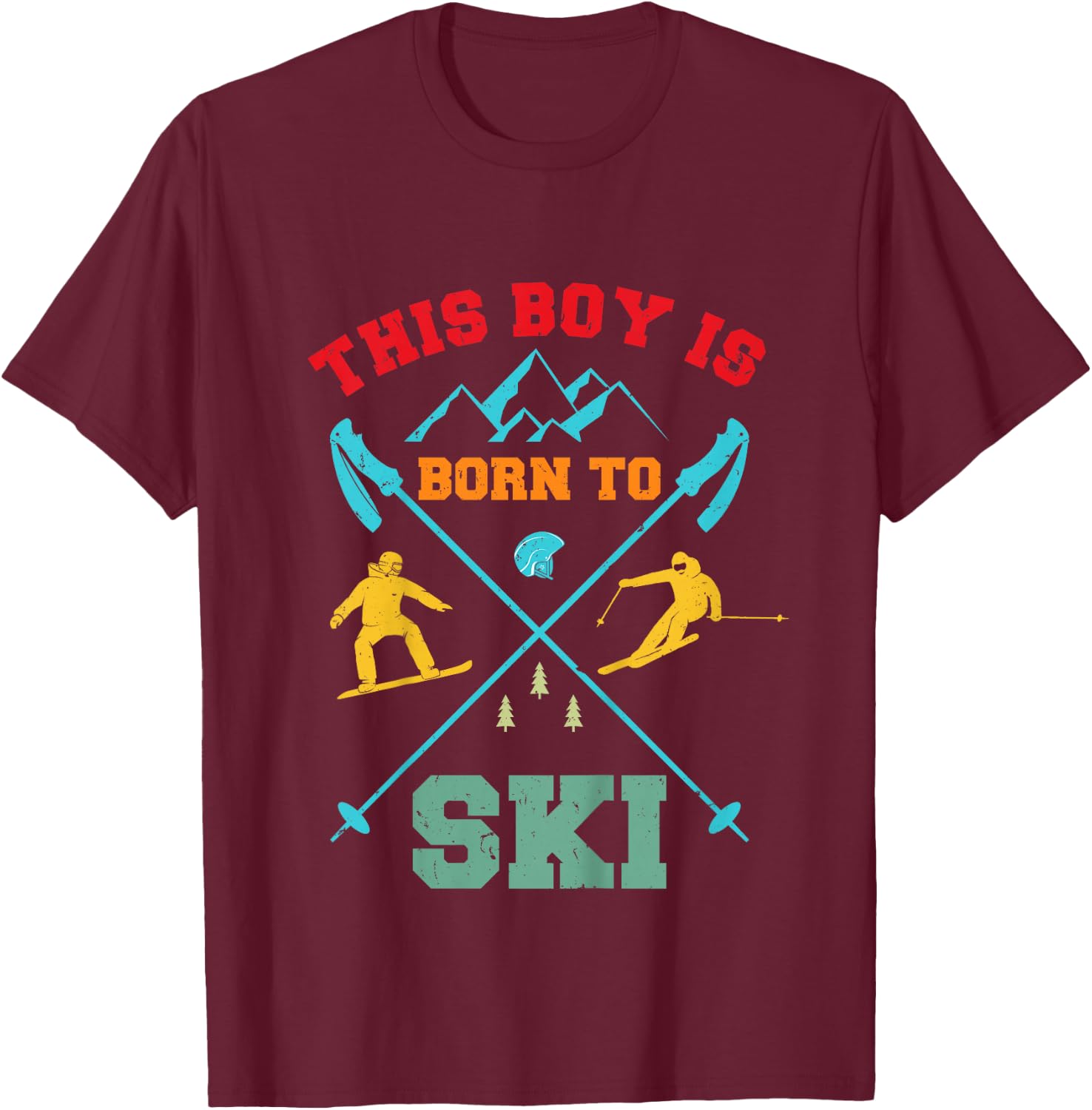 Children's Skiing Cool Boys Riding Ski Funny Boys , black T-Shirt - T-Shirt | Maroon