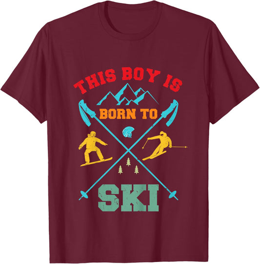 Children's Skiing Cool Boys Riding Ski Funny Boys , black T-Shirt - T-Shirt | Maroon