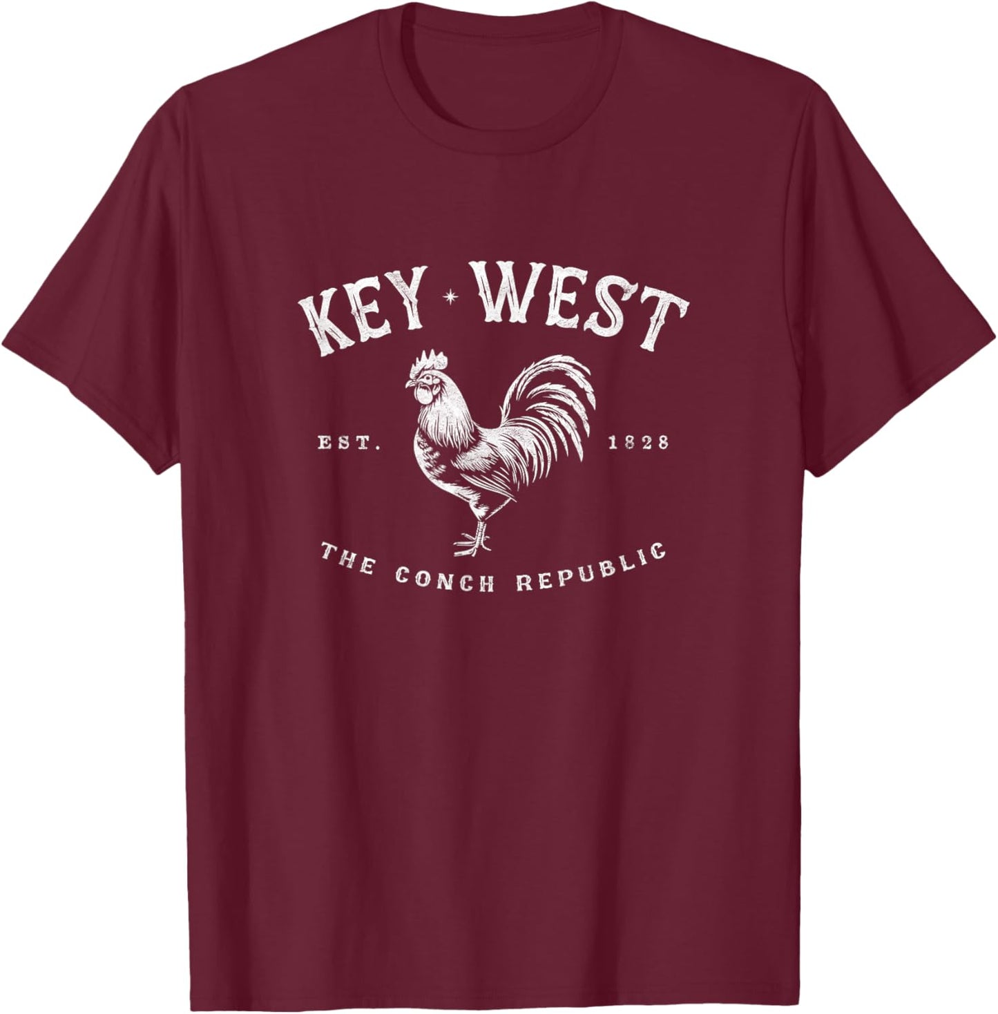 Funny Key West Rooster Chicken Sunrise Fishing Surfing Scuba T-Shirt - T-Shirt | Maroon