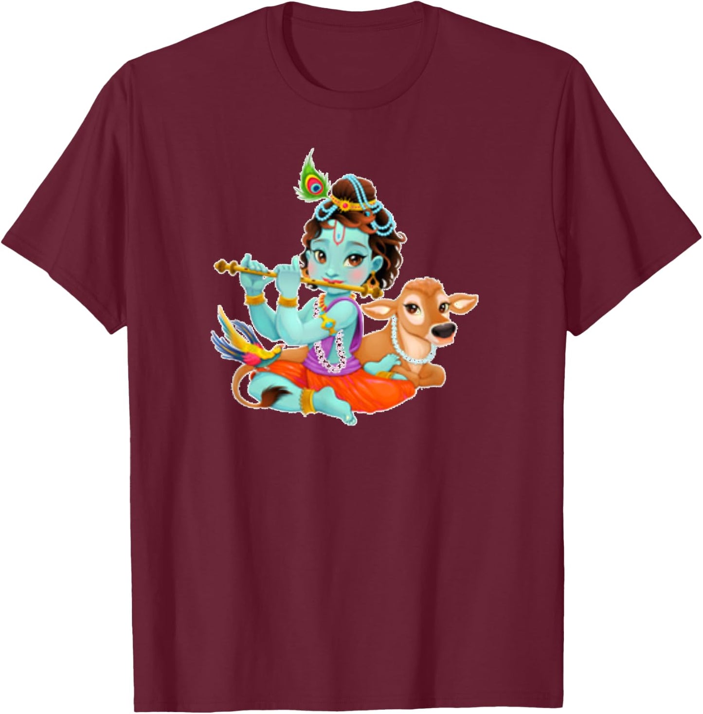 Hindu God Lord Shri Krishna with Cow and Bird T-Shirt - T-Shirt | Maroon