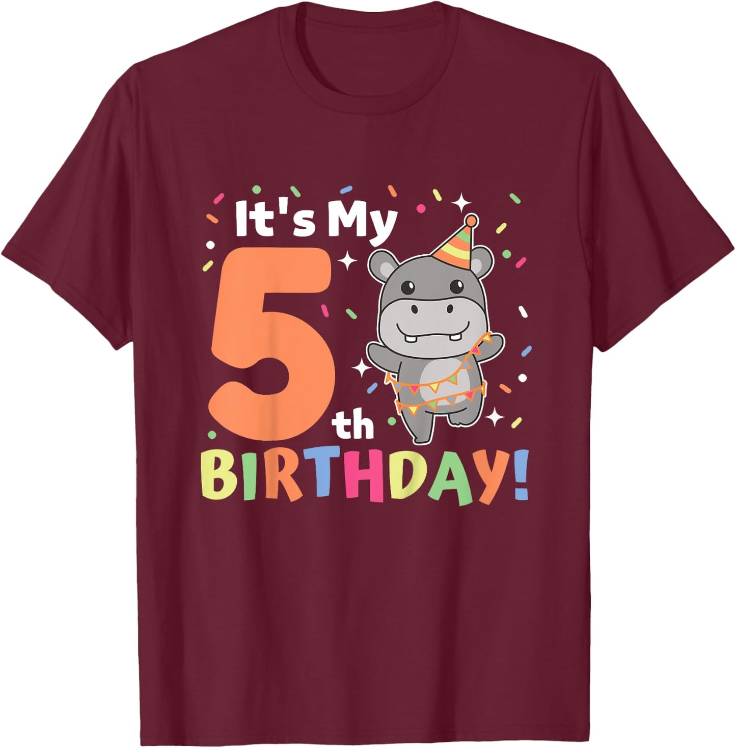 Kids Hippo 5th Birthday For Kids Five Years Old T-Shirt - T-Shirt | Maroon