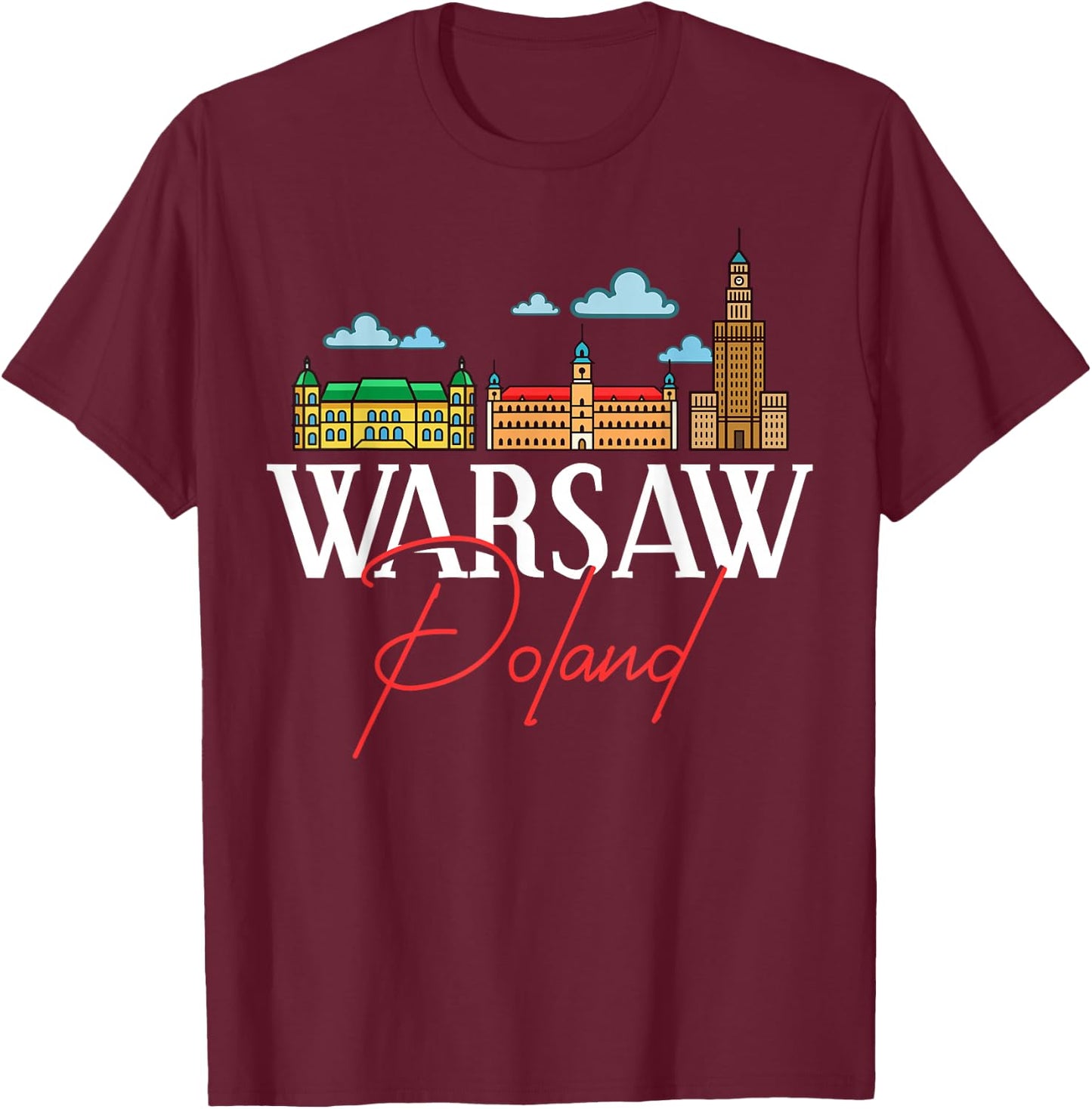 Warsaw Poland City Skyline Map Travel T-Shirt - T-Shirt | Maroon