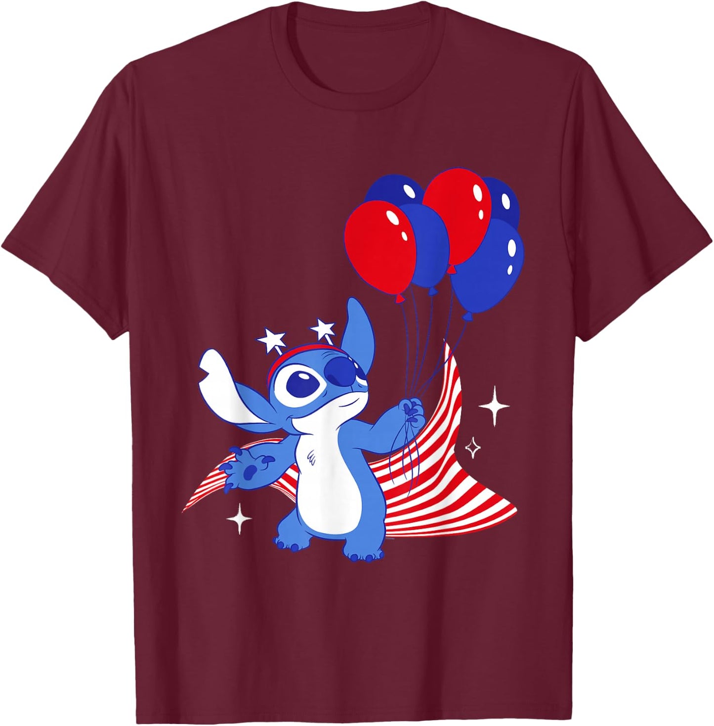 Disney Stitch with Balloons Americana 4th of July USA 250th T-Shirt - T-Shirt | Maroon