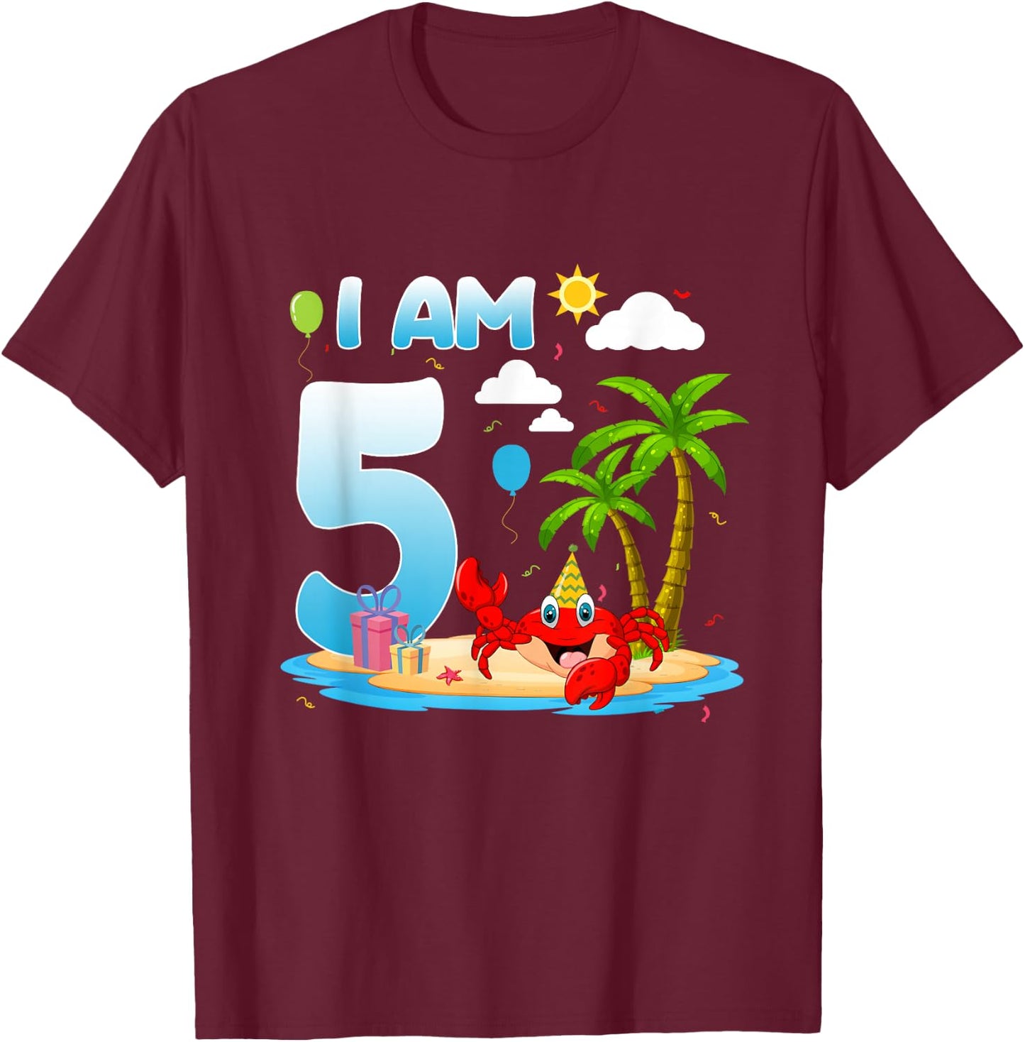 5th Birthday Crab Summer Beach 5 Year Old Bday Party Kids T-Shirt - T-Shirt | Maroon