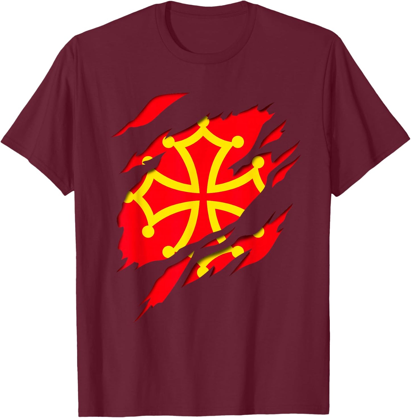 Occitanie Flag Crest Ripped 3D Effect France , Black, S T-Shirt - T-Shirt | Maroon