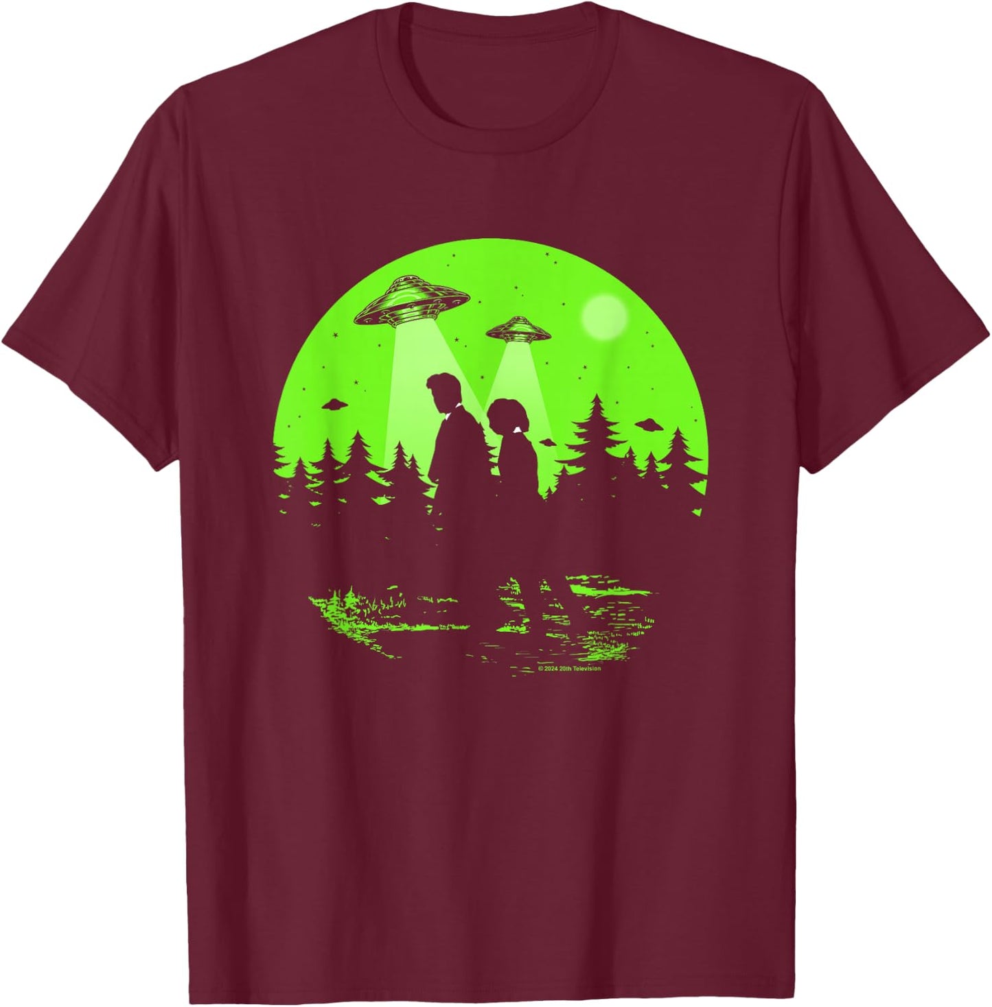 X-Files Mulder & Scully Silhouettes In The Woods , Black, S T-Shirt - T-Shirt | Maroon