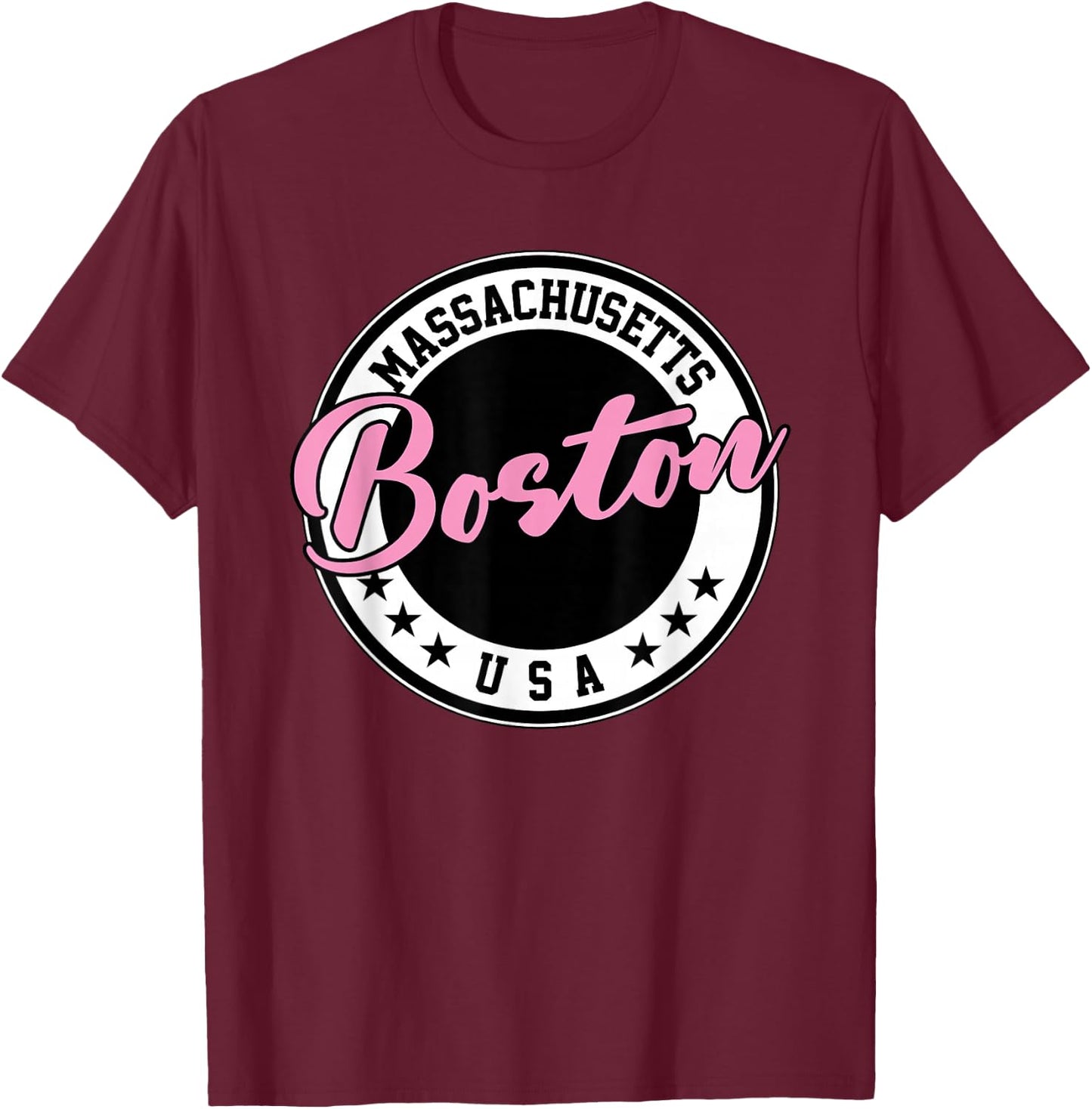 Boston Massachusetts Script Circle Pink Text T-Shirt - T-Shirt | Maroon