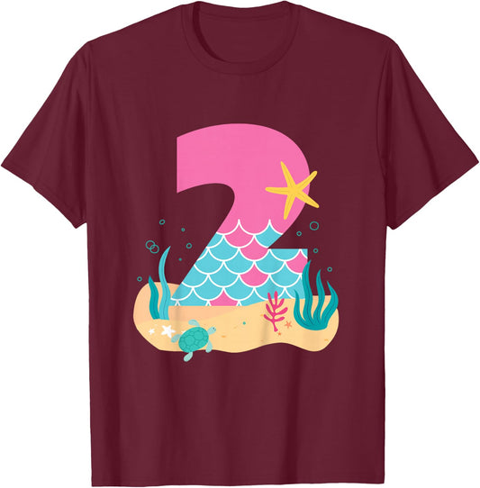 Kids Cute 2nd Birthday Outfits for Girls Mermaid 2 Year Old T-Shirt - T-Shirt | Maroon