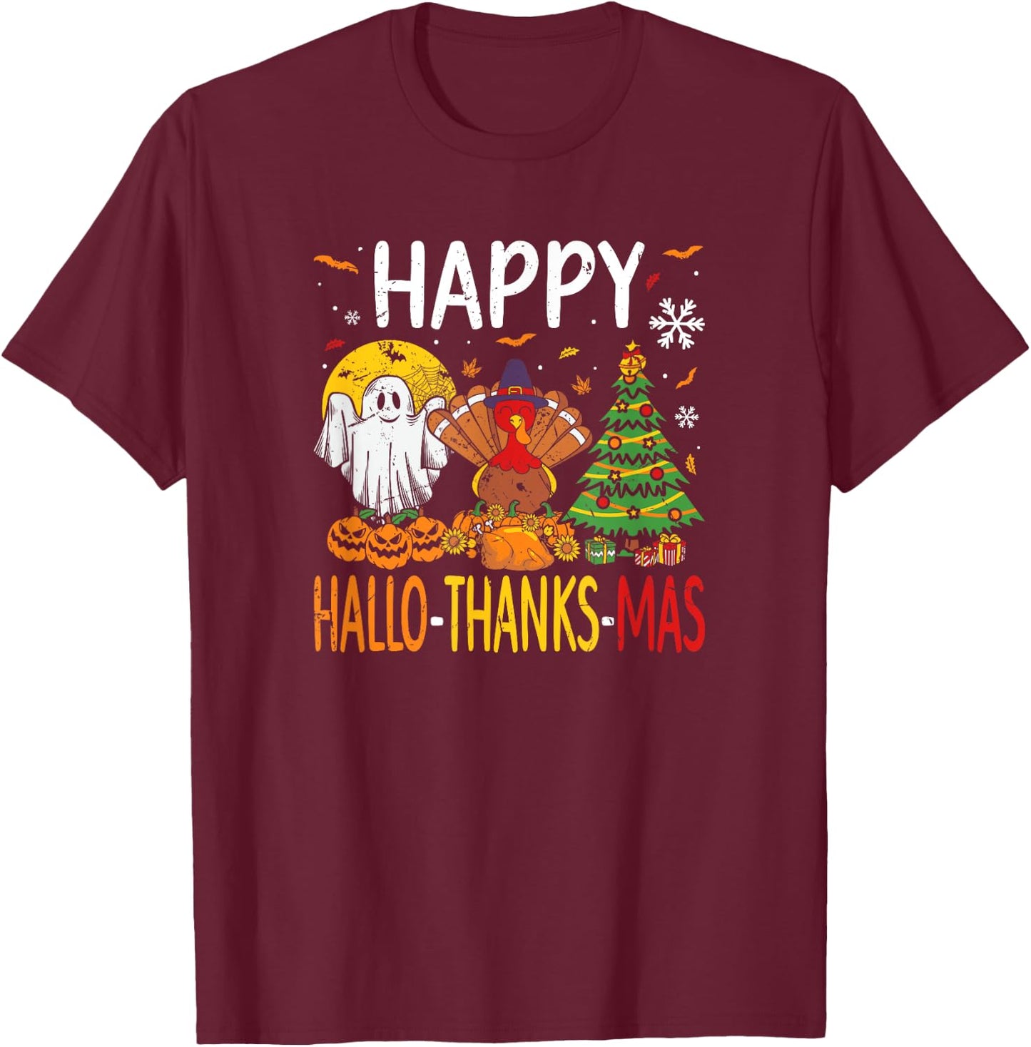 Hallothanksmas Halloween Thanksgiving Christmas T-Shirt - T-Shirt | Maroon