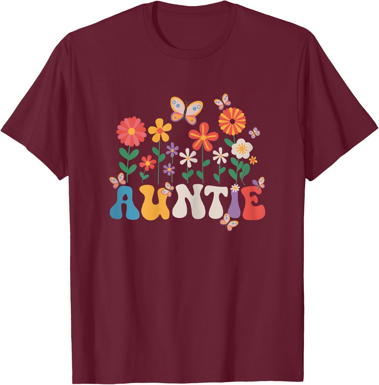 Aunt Mother Day Wildflower Auntie Retro Groovy Floral Auntie T-Shirt - T-Shirt | Maroon