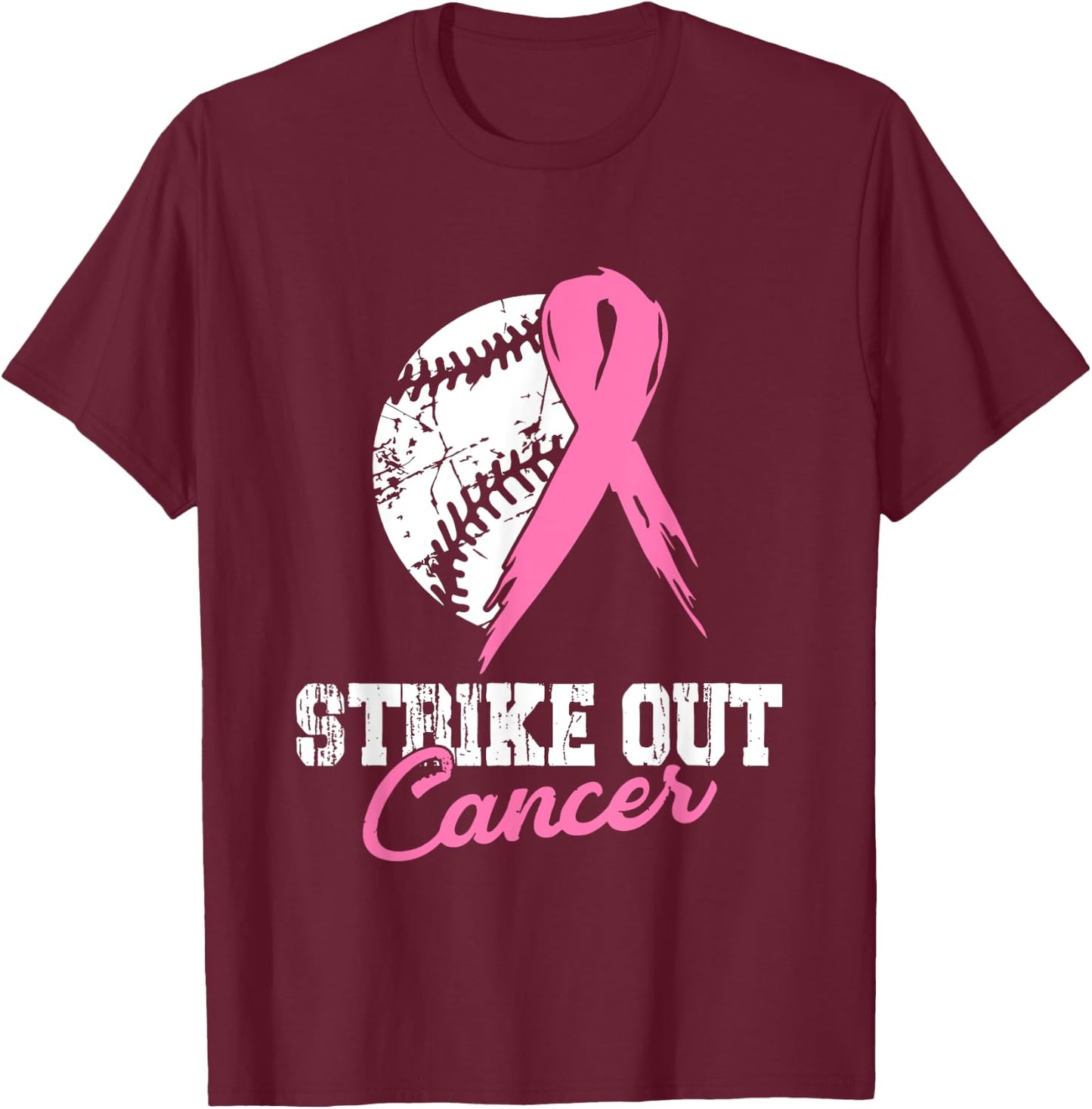 Strike Out Breast Cancer Awareness Pink Ribbon Baseball T-Shirt - T-Shirt | Maroon