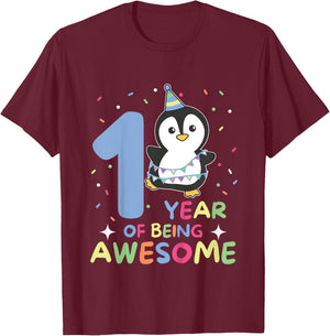 Penguin For 1st Birthday For Children One Year Old Penguin T-Shirt - T-Shirt | Maroon