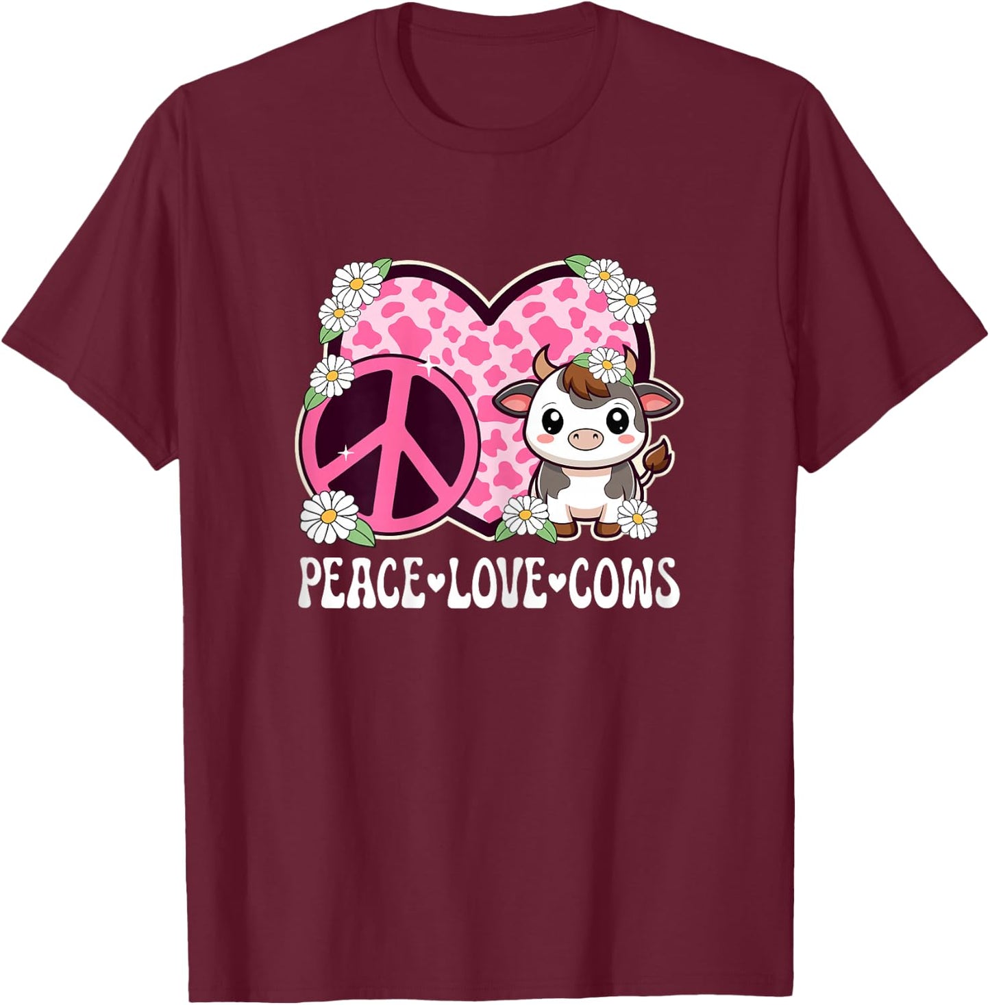 Peace Love Cows Women Cow Print Cute Cow Girls Cow Lover Cow T-Shirt - T-Shirt | Maroon