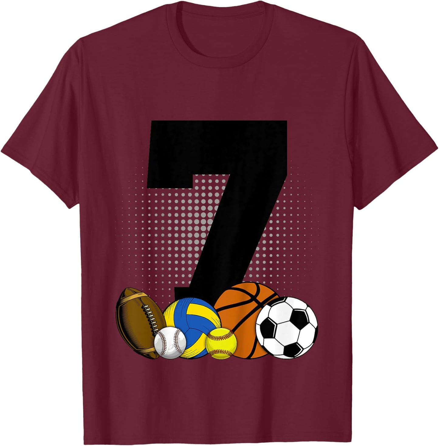 Kids 7th Birthday Sport Ball Kids Boys 7 years Old Birthday T-Shirt - T-Shirt | Maroon