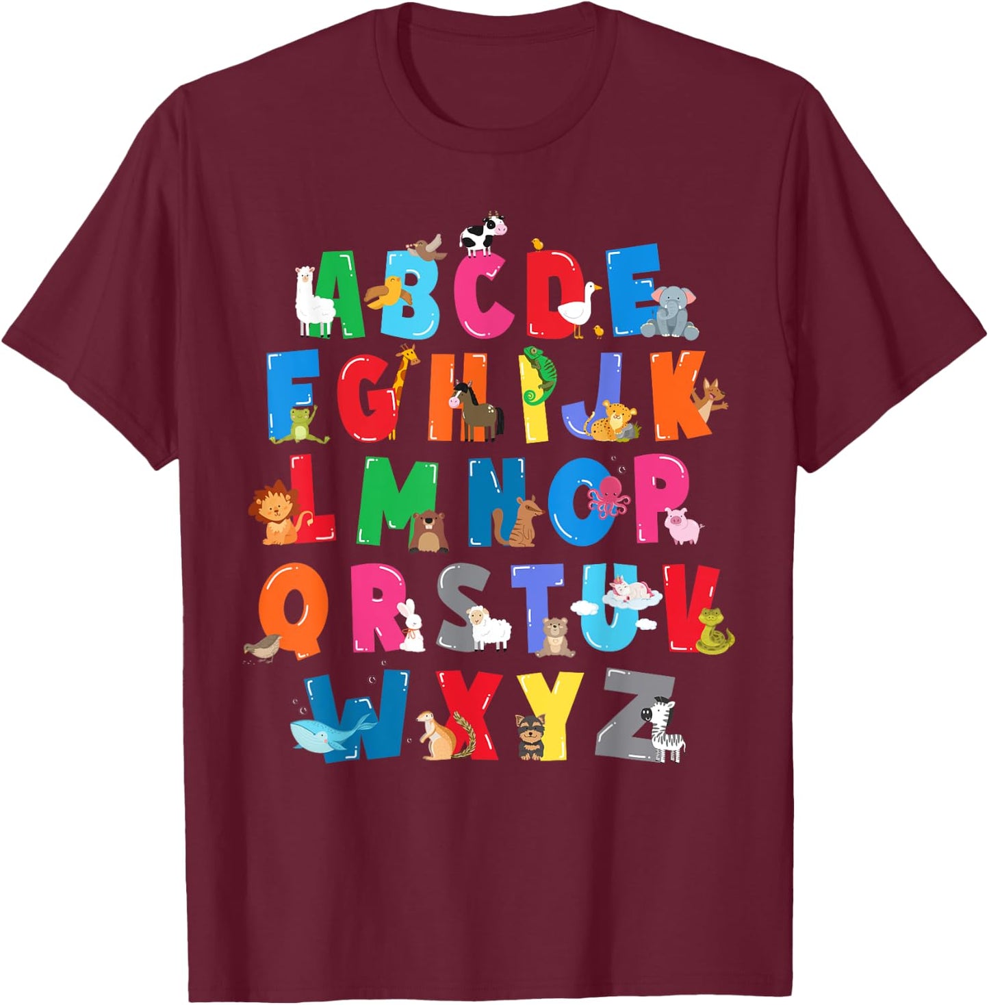 Funny Zoo Animal Alphabet ABCs Learning for Boys and Girls T-Shirt - T-Shirt | Maroon