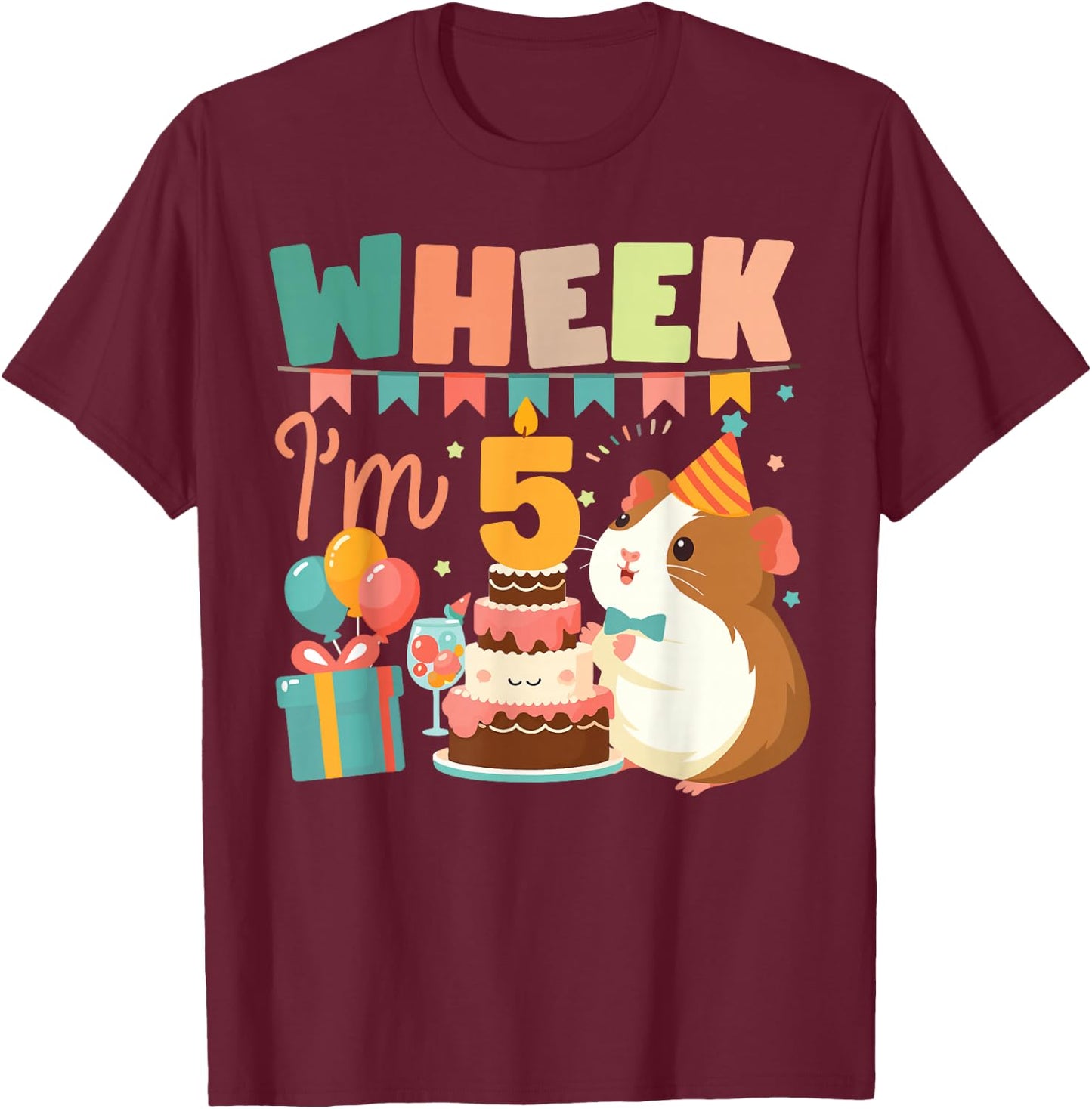 Guinea Pig 5th Birthday Wheek I'm 5 T-Shirt - T-Shirt | Maroon