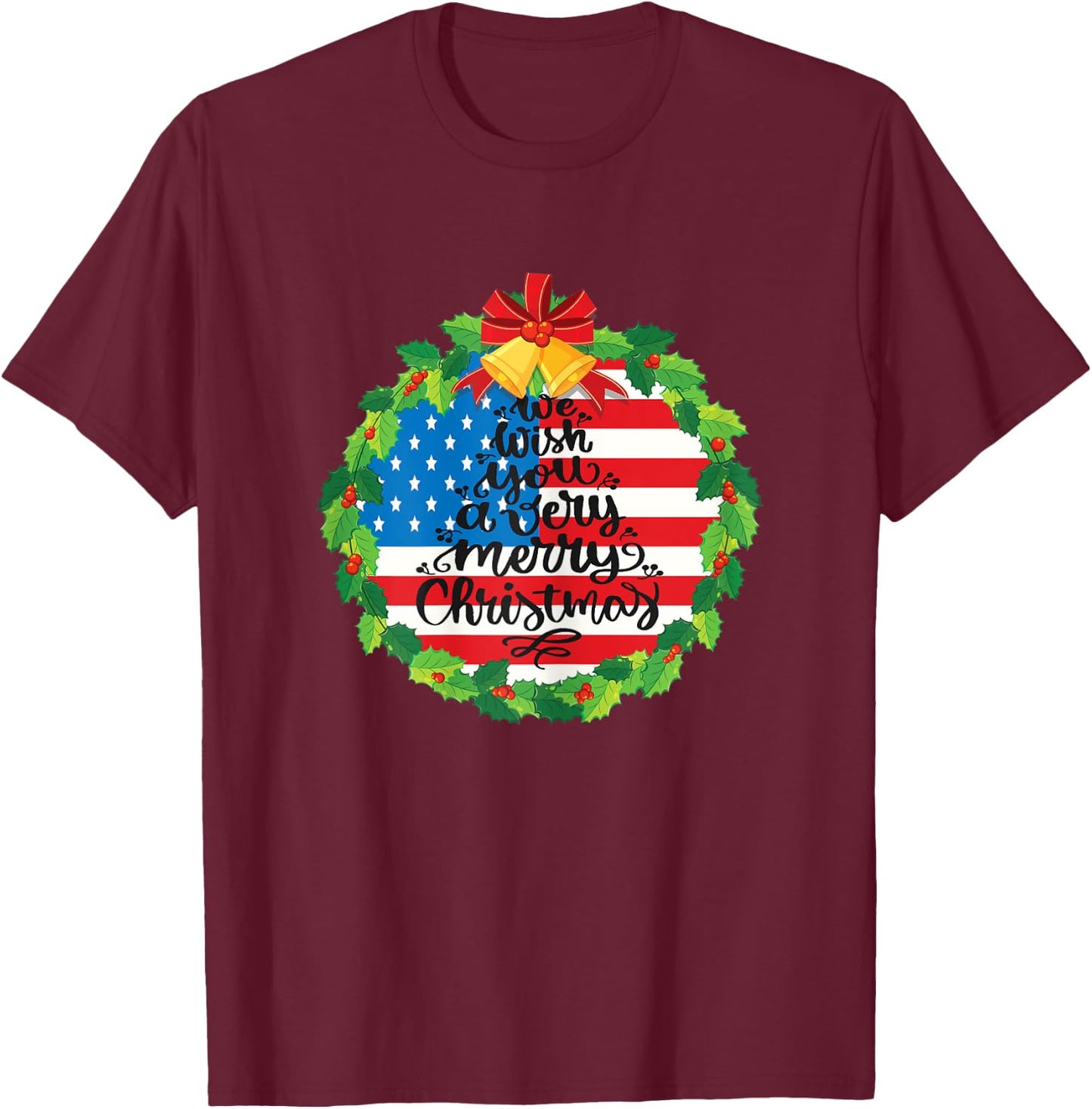 Merry Christmas Wreath Bells Funny Usa Flag Beautiful Cute T-Shirt - T-Shirt | Maroon