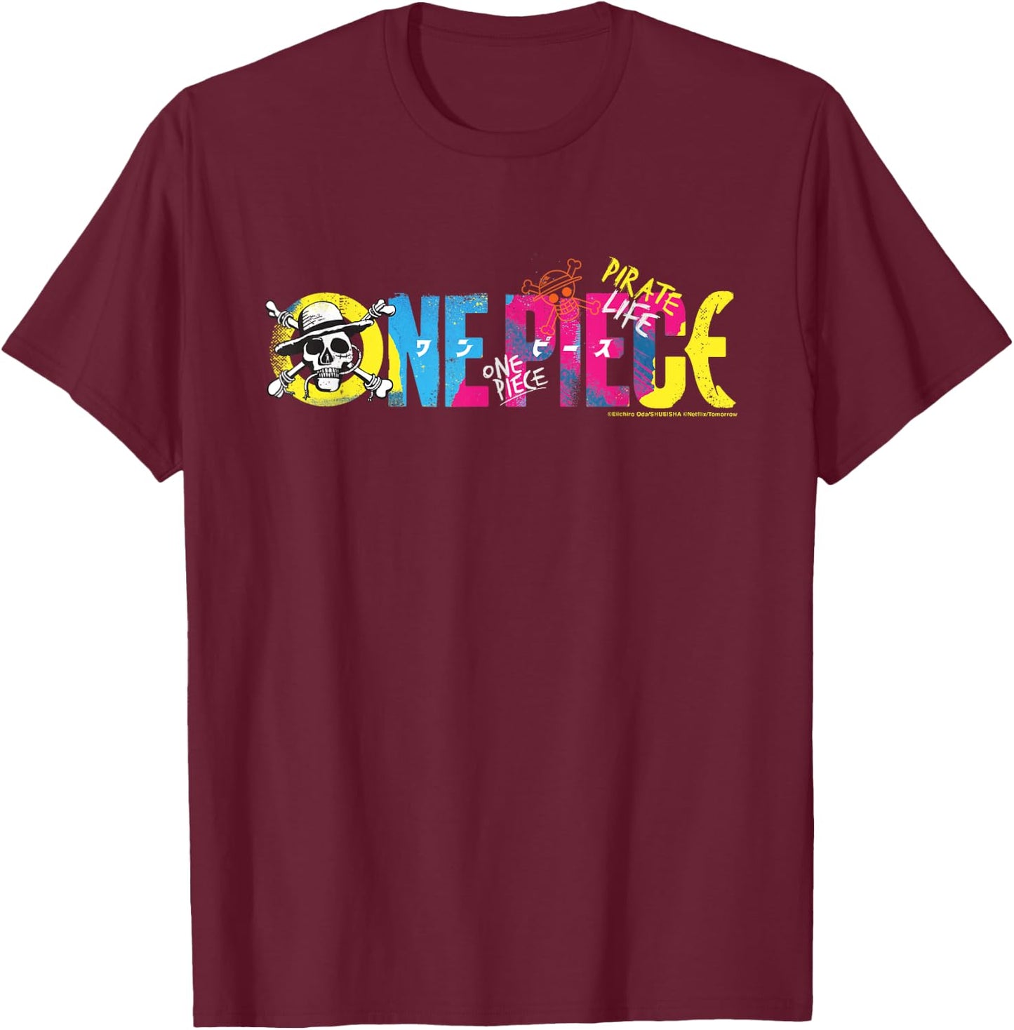 One Piece Anime Pirate Life Straw Hat Logo Pirates , Black, S T-Shirt - T-Shirt | Maroon