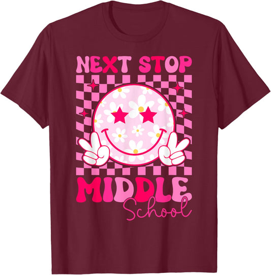 Groovy Next Stop Middle School Elementary School Graduation T-Shirt - T-Shirt | Maroon